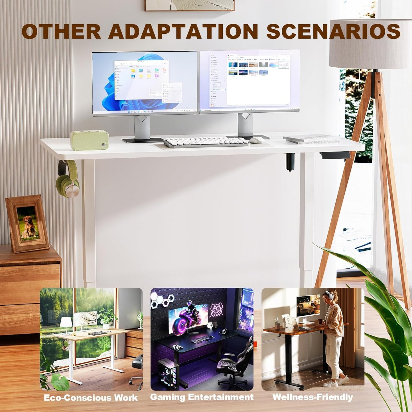 Veken Electric Standing Desk - 55 Inch Height Adjustable Home Office Table | White Wooden Desktop for Work & Study