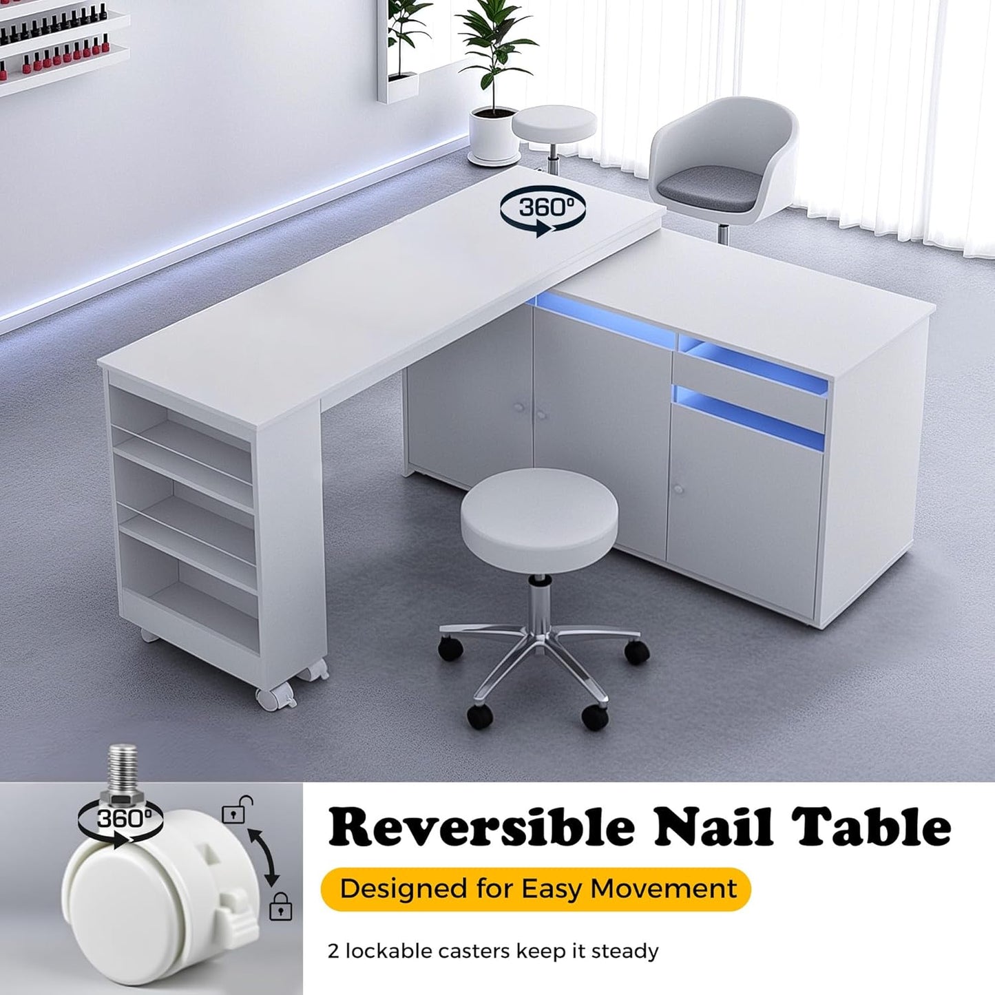 L-Shaped Manicure Table - Modern Nail Salon Desk with Storage & LED Light | White, Convertible Design
