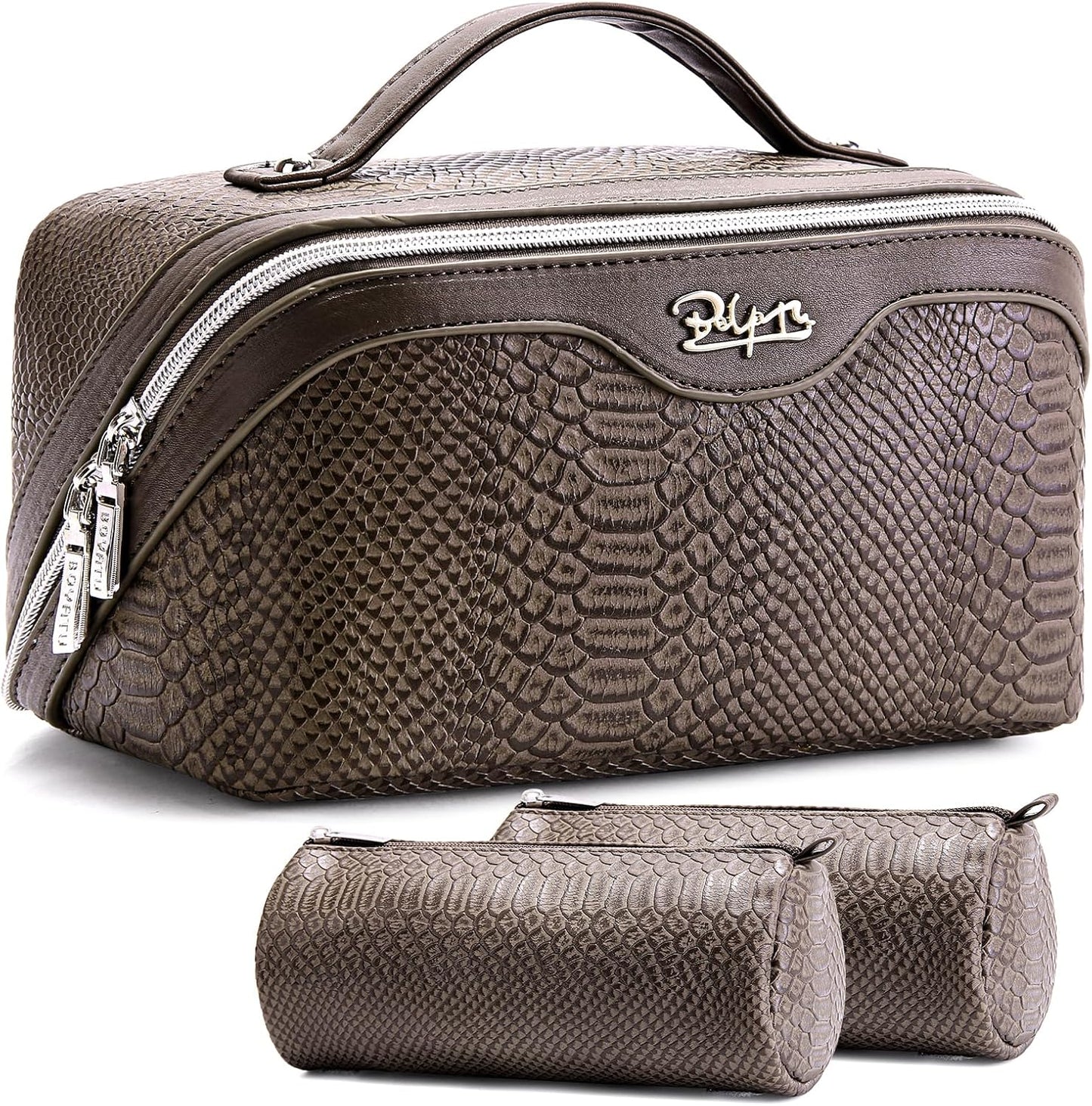 Travel Makeup Bag Organizer Set - 3 Pcs Waterproof Vegan Leather Cosmetic Bags for Women | Black