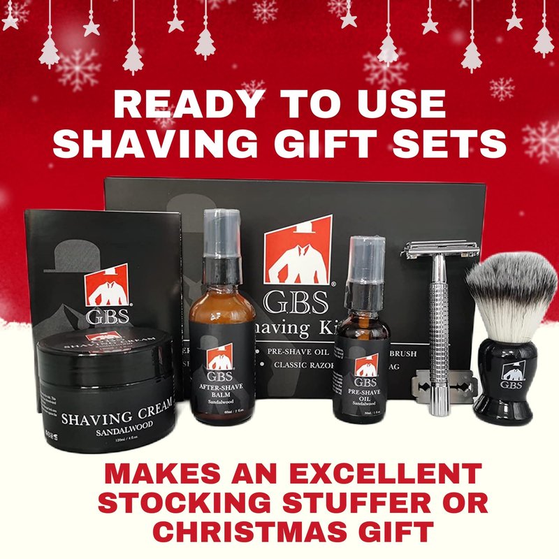 GENTS Complete Shaving Kit Gift Set for Men - Safety Razor with Sandalwood Shave Cream, Aftershave Balm, Pre-Shave Oil & Brush - Chriistmas Gift
