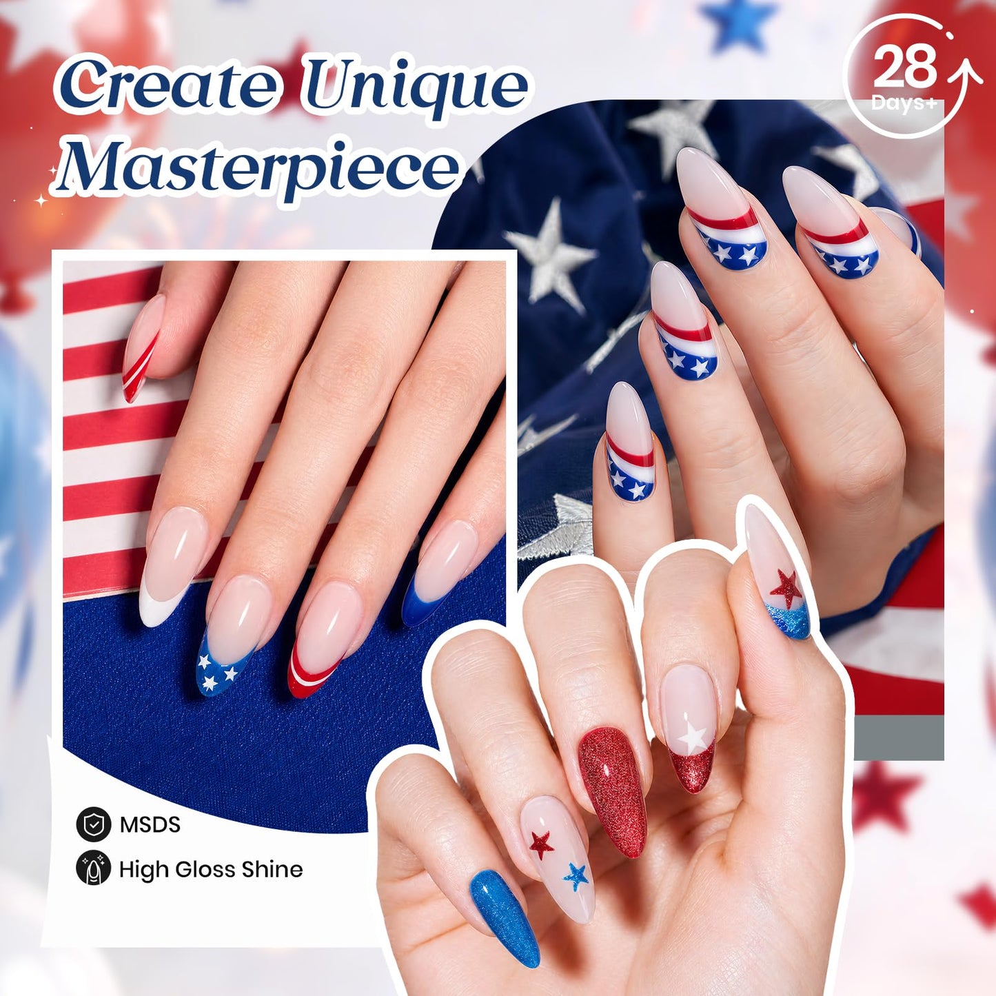 Beetles 4th of July Gel Nail Polish Set, 6 Colors Red White Blue Cat Eye Gel Polish Sliver Glitter Gel Polish with Magnet & Stickers, Patriotic DIY Nail Art Gift for Women