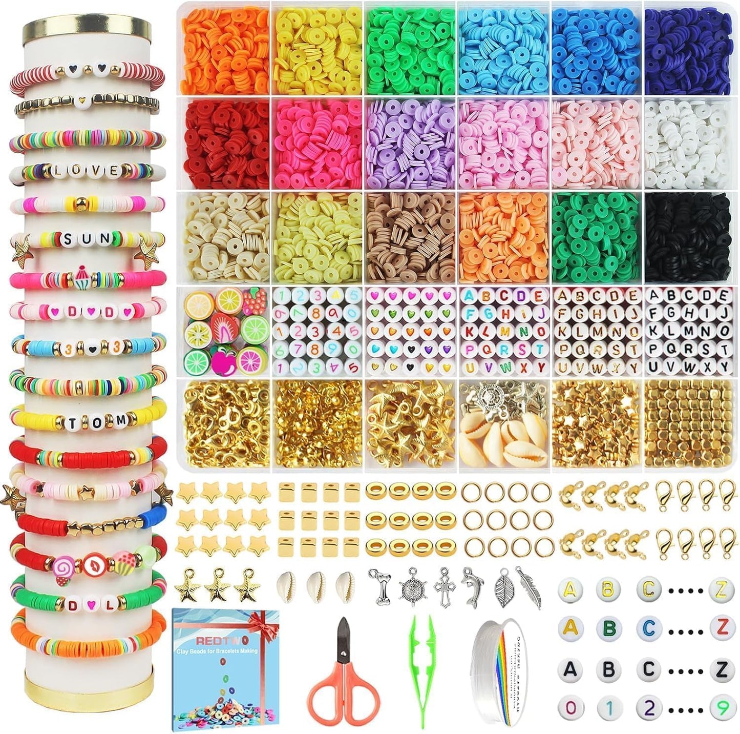 Clay Beads Bracelet Making Kit - Flat Preppy Polymer Heishi Beads with Charms | Craft Gifts for Girls Ages 8-12