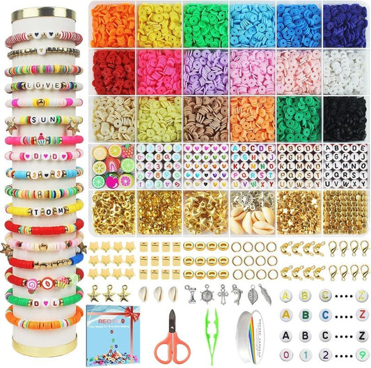 Clay Beads Bracelet Making Kit - Flat Preppy Polymer Heishi Beads with Charms | Craft Gifts for Girls Ages 8-12
