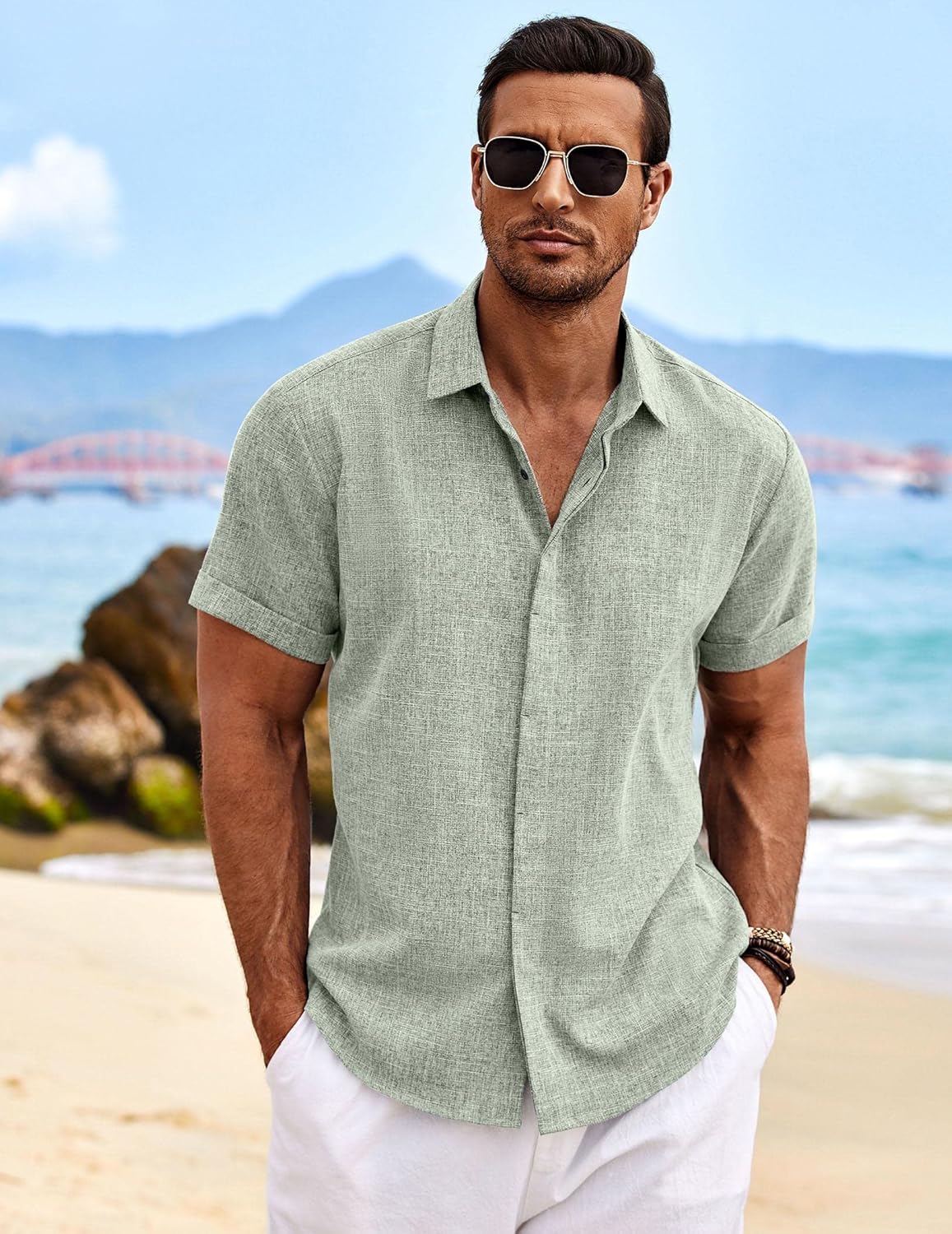 Men's Linen Short Sleeve Button Down Shirt - Casual Summer Beach Wedding Attire