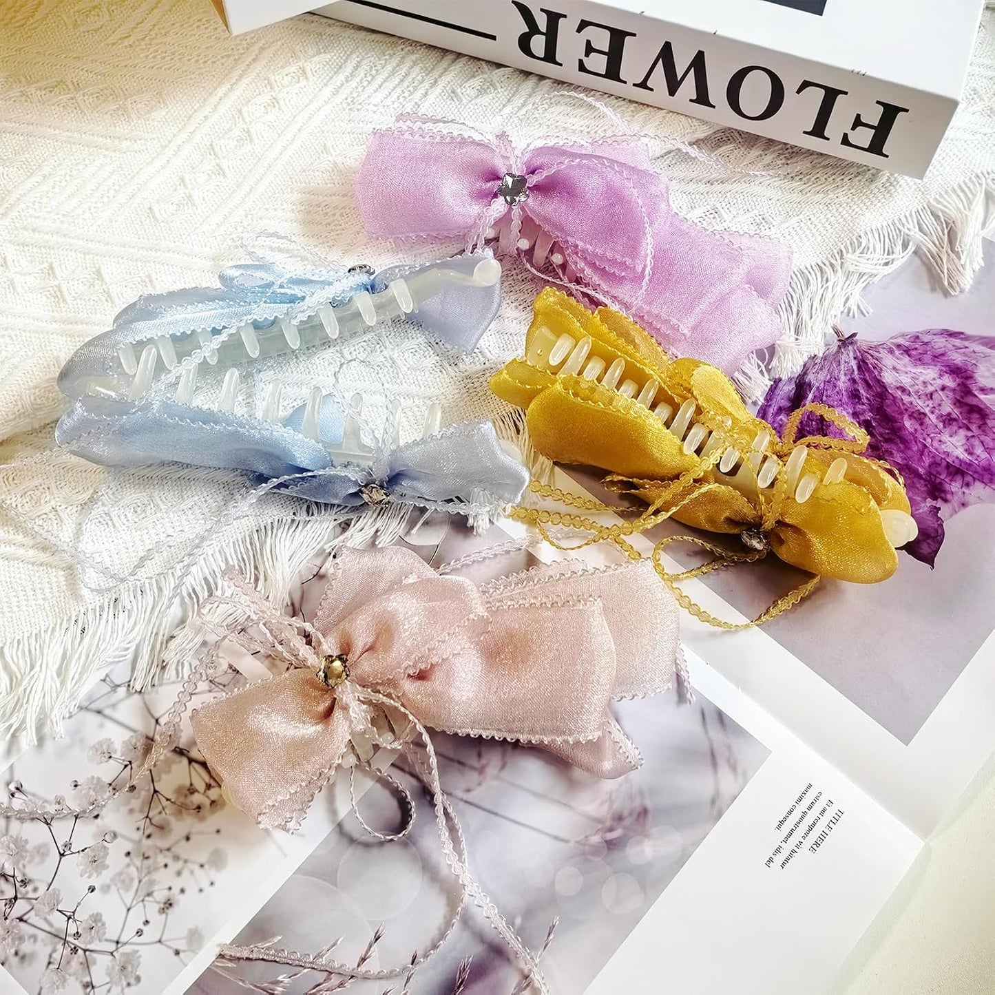 Banana Clips for Women - Cute Satin Polka Dot Hair Bow Claw Clips | Perfect for Thick & Thin Hair - Seersucker Yellow