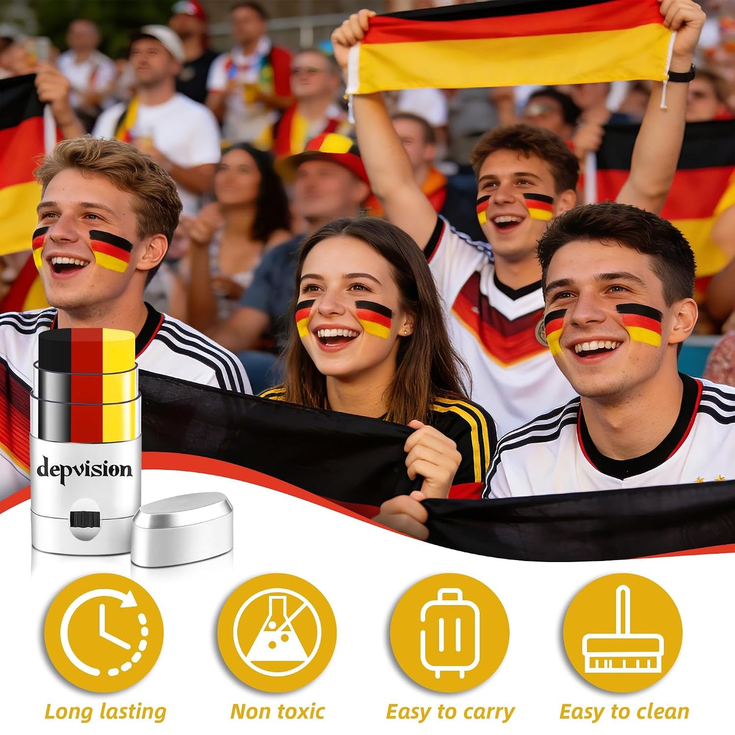 Germany Face Paint Stick Set - Hypoallergenic & Washable Body Paint for Soccer Fans | 3 Pack in Black, Red, Yellow