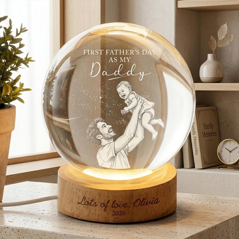 Evamall Custom First Father's Day Photo Crystal Ball Night Light, Personalized Dad Gift New Dad Gift 1st Fathers Day Present from Baby Keepsake, Daddy Papa