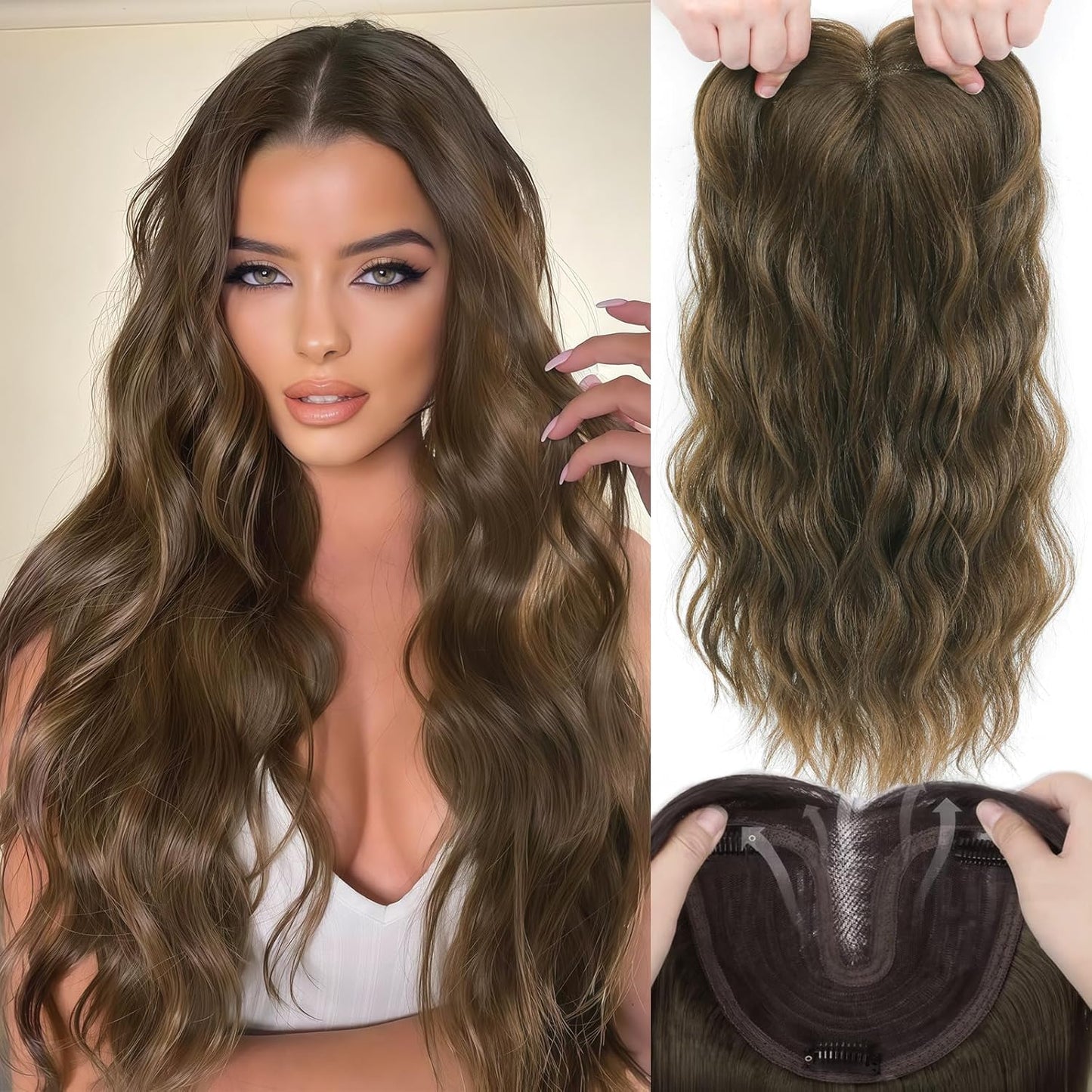 16 Inch Hair Topper for Thinning Hair - Synthetic Curly Clip-In with Wispy Bangs | Lightweight Black Crown Coverage