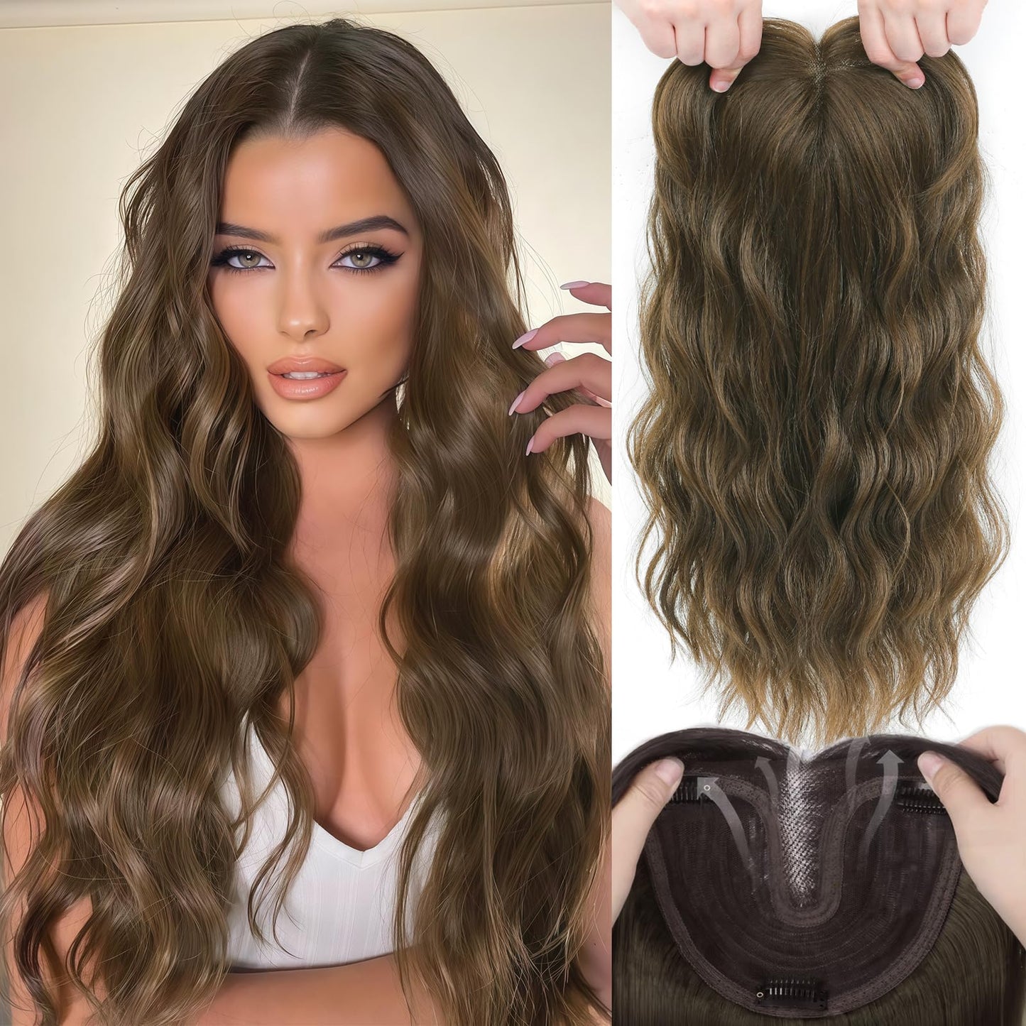 OOPPOO Hair Toppers for Women, 20 Inch Hand Tied Breathable Toppers Hair pieces for Women with Thinning Crown Curtain Bangs Mix Human Hair Clip in Curly Lightweight Wiglets(Chestnu Brown)