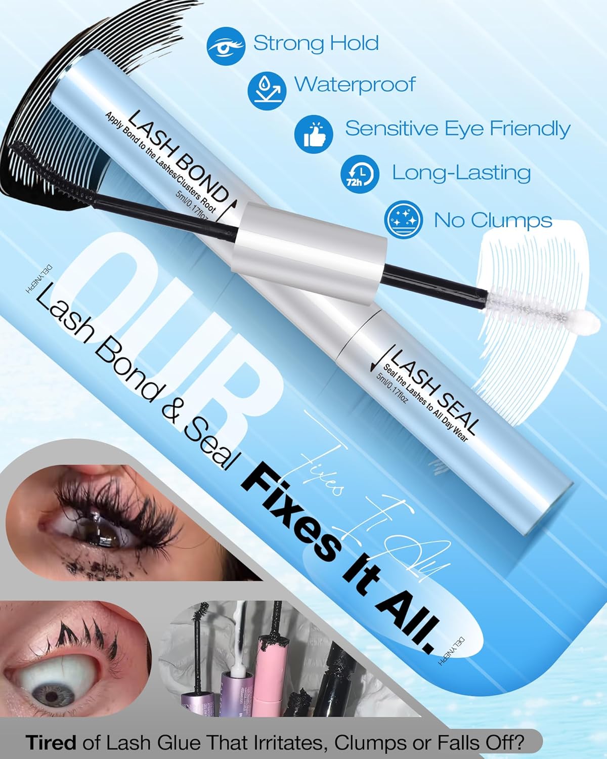 Eyelash Glue - Waterproof Bond & Seal for Lash Clusters | Long-Lasting 72H Adhesive, Latex-Free (5ml+5ml)