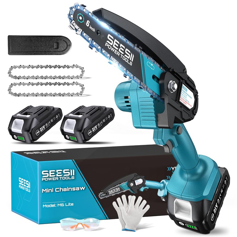 Seesii Mini Chainsaw, 6-inch Mini Chainsaw Cordless, Handheld Electric Power Chain Saw with 2 Batteries, for Tree Trimming Wood Cutting, Best Gifts for Father, Dad, Husband, Men