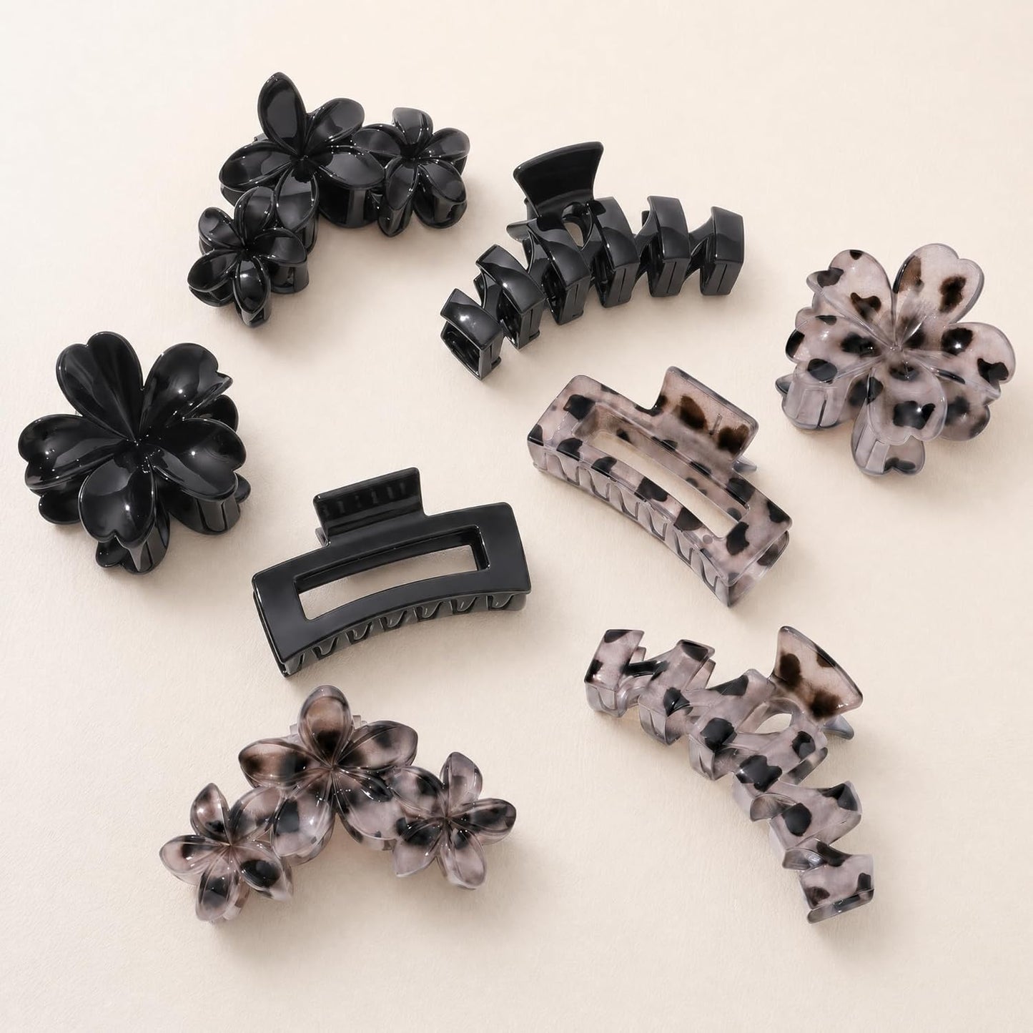 Hair Clips for Women - 8 Pcs Stylish Flower Claw Clips for Strong Hold | Black & White Tortoise
