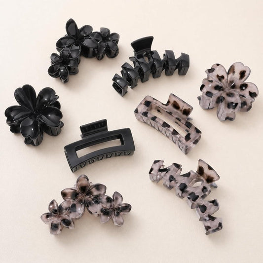 Hair Clips for Women - 8 Pcs Stylish Flower Claw Clips for Strong Hold | Black & White Tortoise