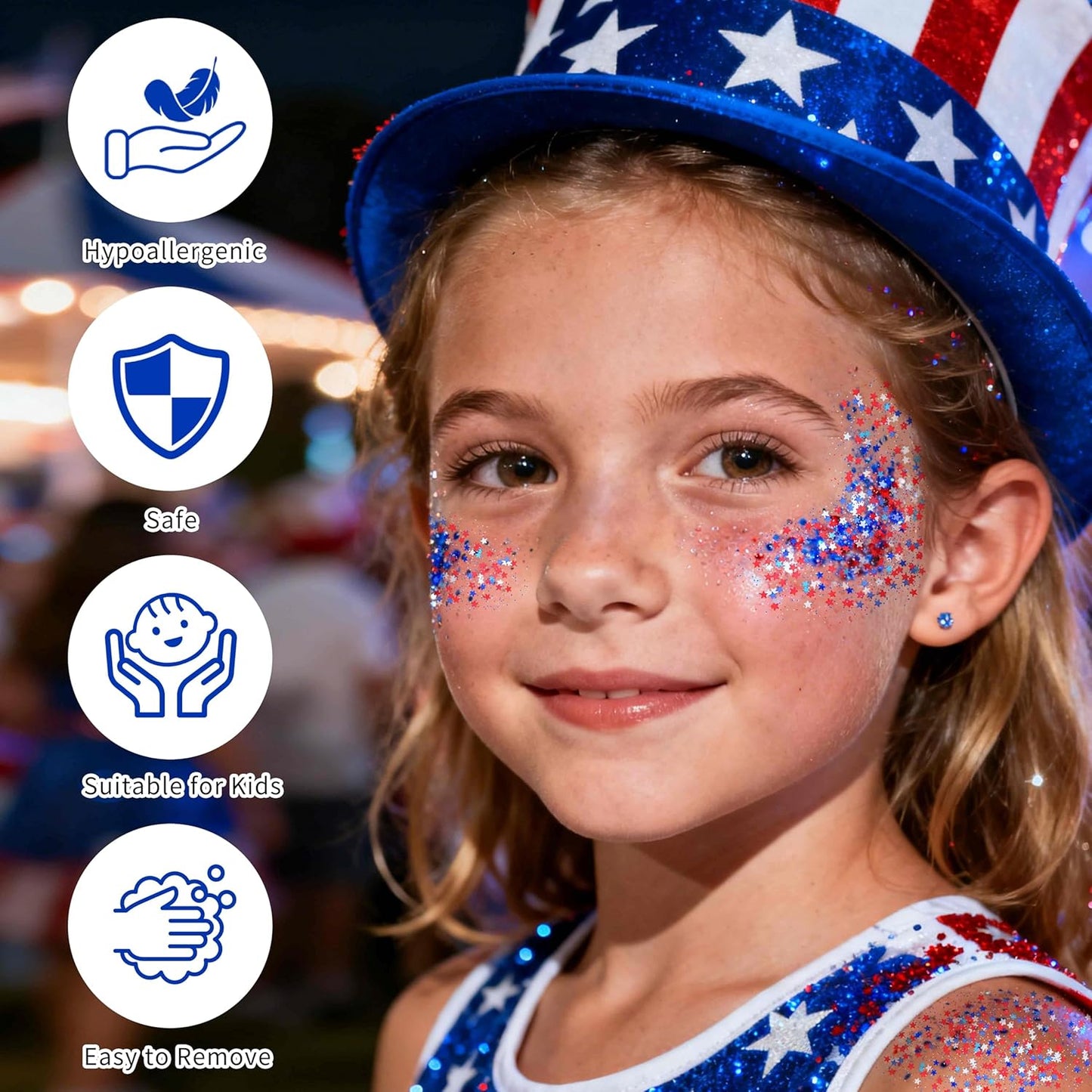 Red White and Blue Star Face Glitter Stick - Waterproof USA Flag Makeup | 4th of July Accessories for Women & Kids