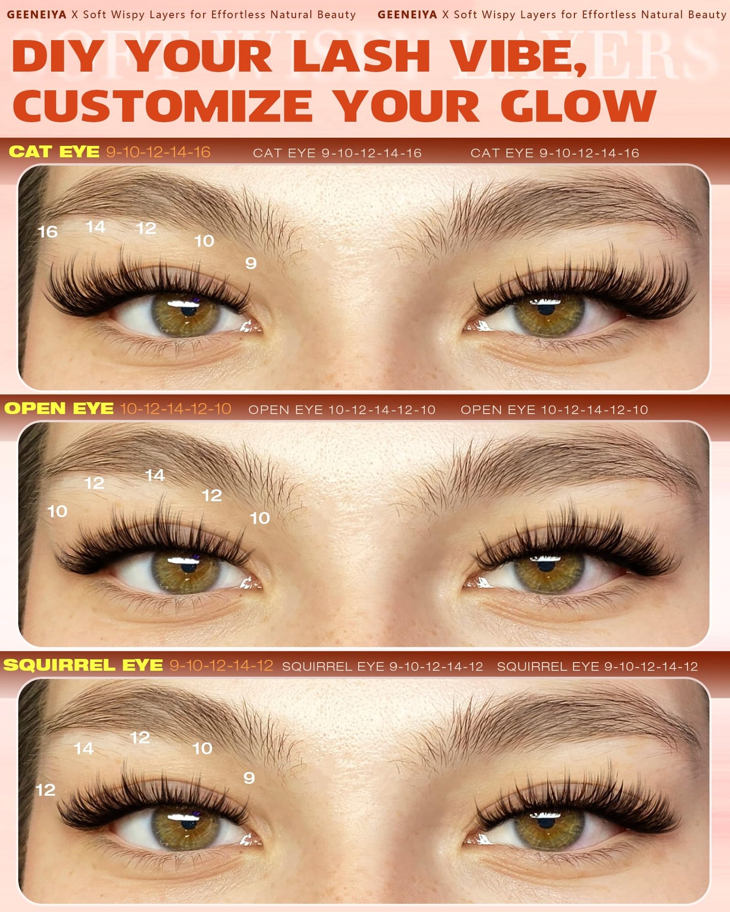 Geeneiya Wispy Lash Clusters, 9-16MM Natural Eyelash Clusters, DIY Cluster Eyelash Extensions, C Curl Lashes Clusters for Beginners