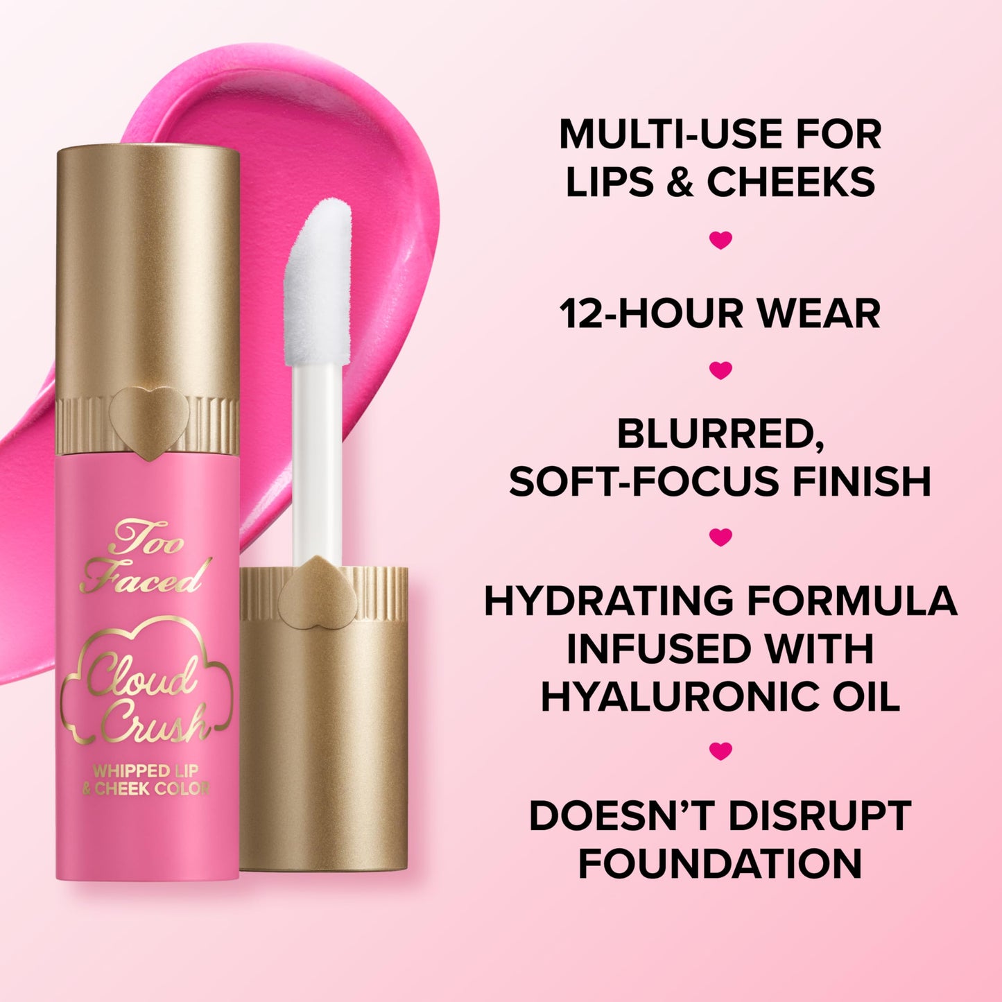 Too Faced Cloud Crush Whipped Lip & Cheek | Creamy Multi-Use Formula with Hyaluronic Oil for a Soft-Focus Longwear Flush, 0.15 Fl Oz, Peach Blur