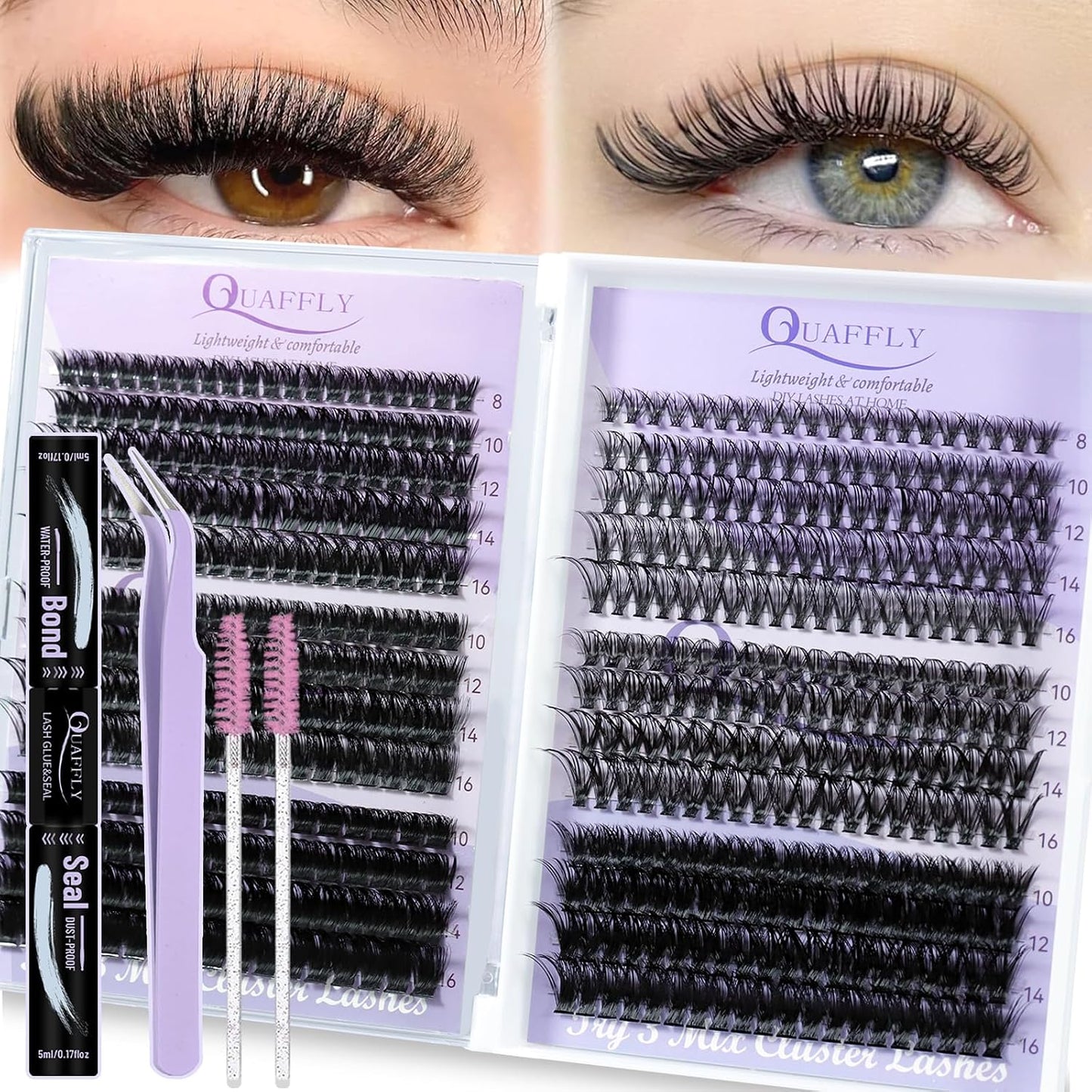 DIY Lash Extension Kit - 100D & 150D Volume Lash Clusters with Spikes | Wispy Bottom Lashes, Bond & Seal, Easy Application
