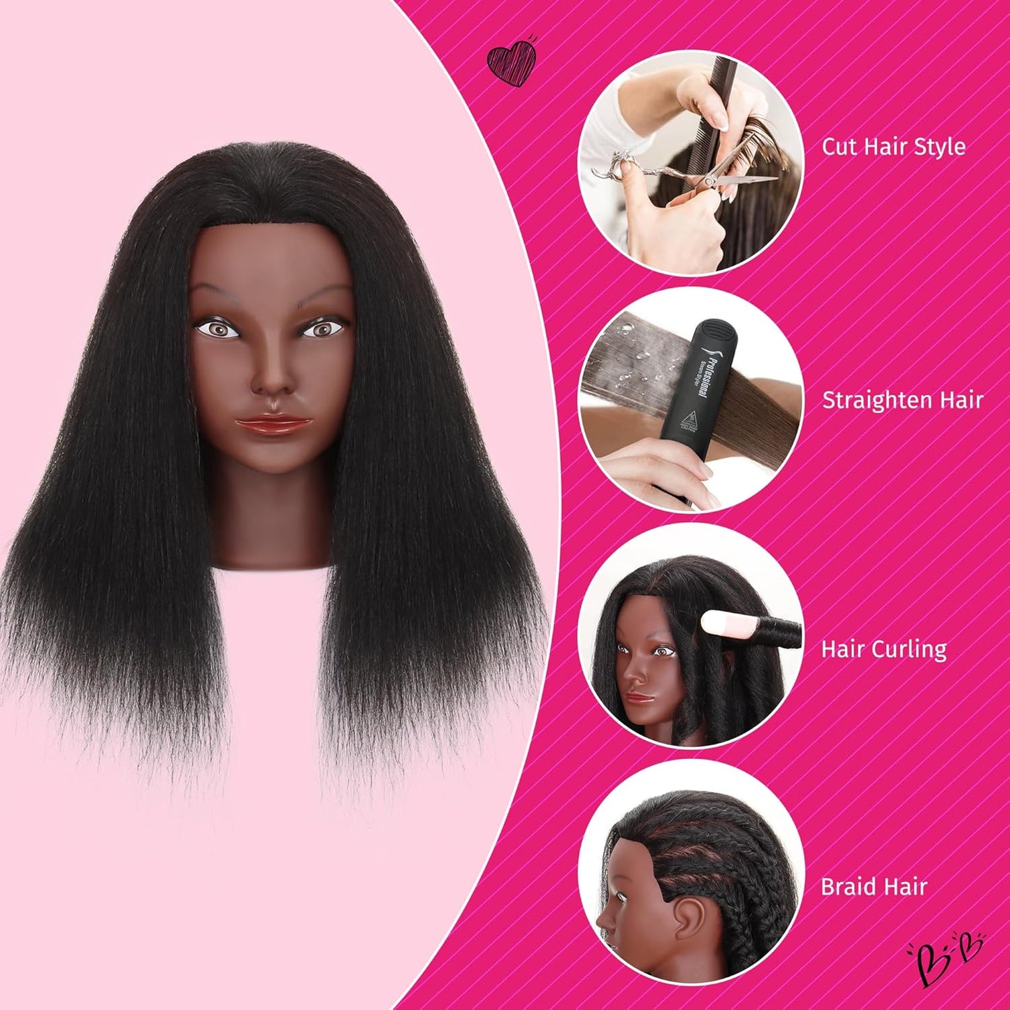 Mannequin Head with Human Hair - 14" Cosmetology Manikin for Hair Styling & Braiding Practice | Includes Clamp Holder