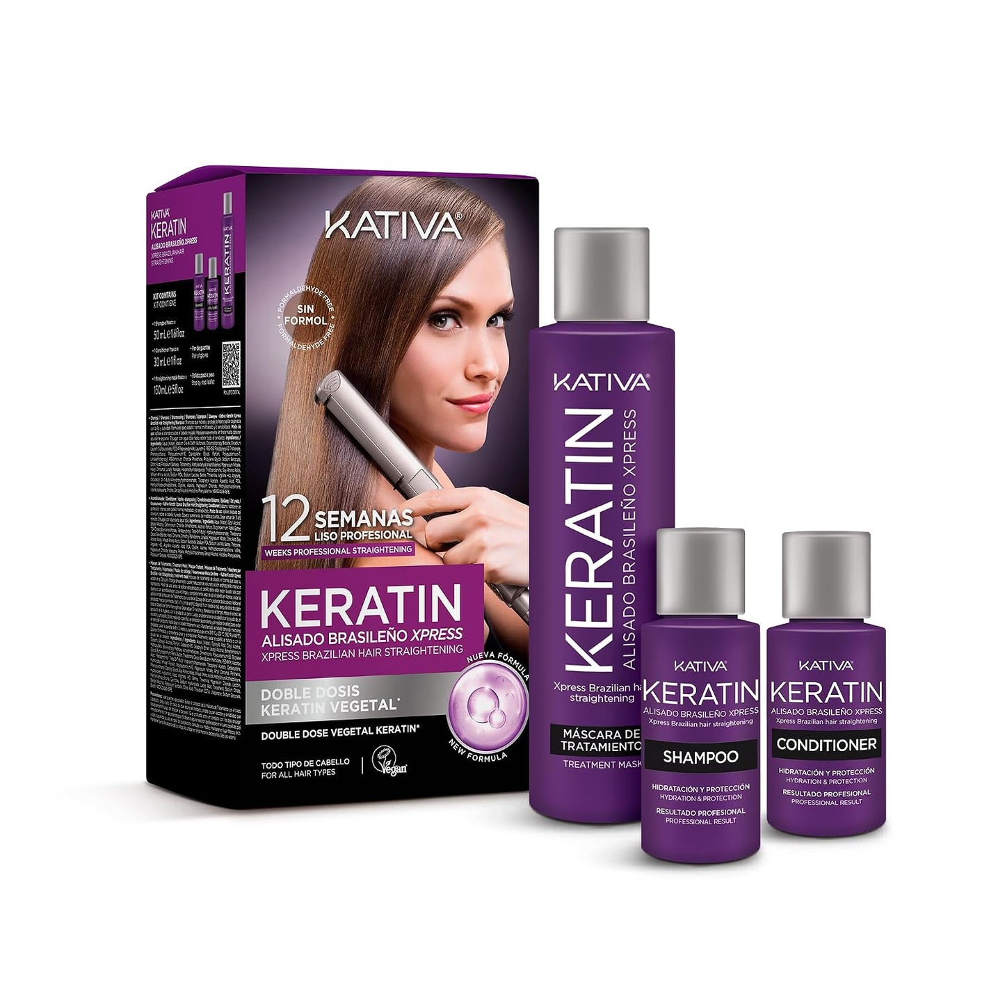Kativa Brazilian Keratin Straightening Kit - Formaldehyde-Free At-Home System for Intensive Frizz Reduction | Vegan, Lasts Up to 12 Weeks
