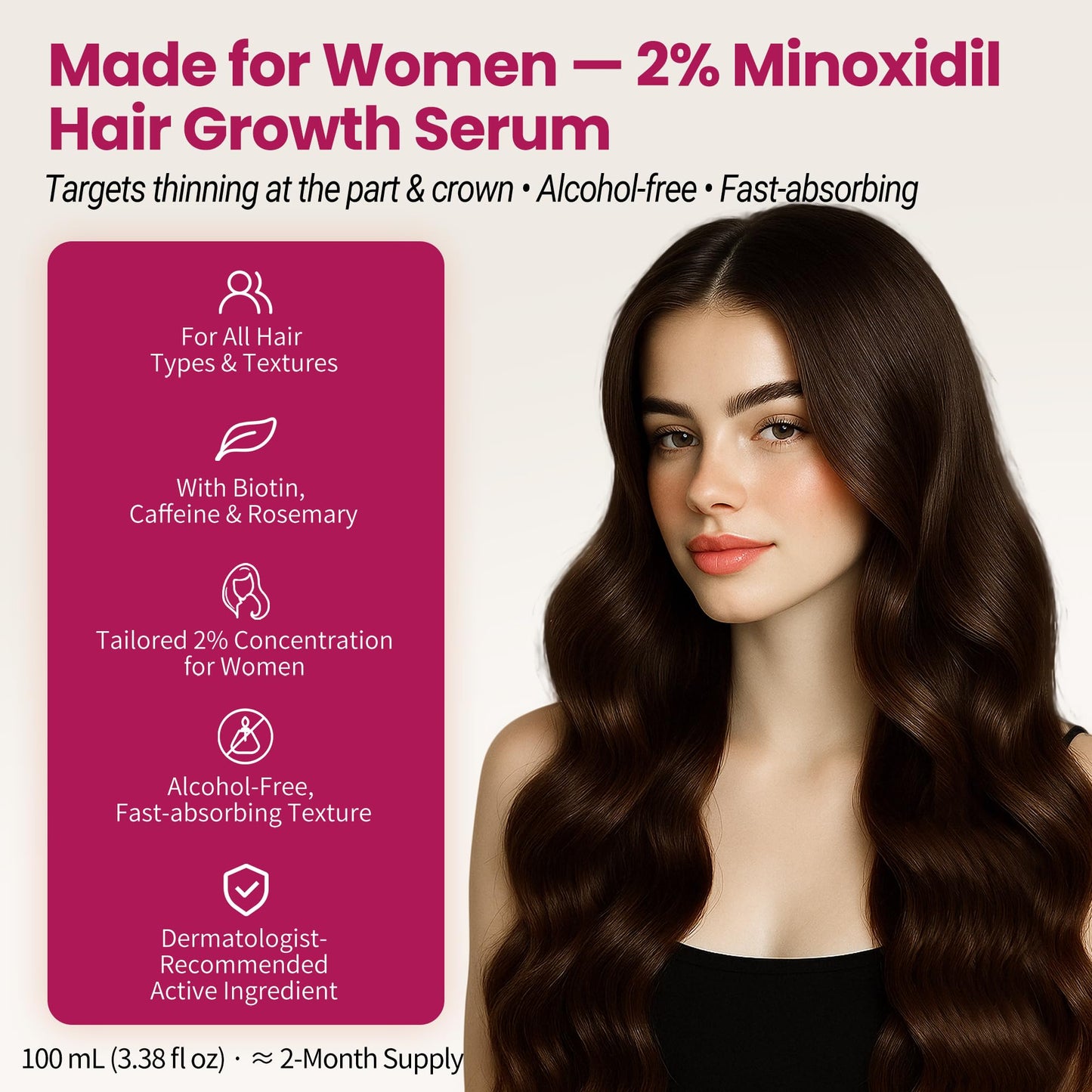 Minoxidil for Women Hair Growth with Biotin, 100ML Topical Minoxidil Serum with Rosemary for Hair Regrowth Treatments, Non-Greasy, Helps Prevent Hair Thinning & Hair Loss Solution