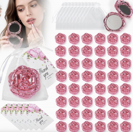 20 Sets Rose Compact Mirror Bulk for Quinceanera Party Favors -Wedding Favors for Guests -Mirrors Thank You Tags White Organza Bag for Sweet 16 Party Favors & Bridal Shower Wedding (Rose Gold)