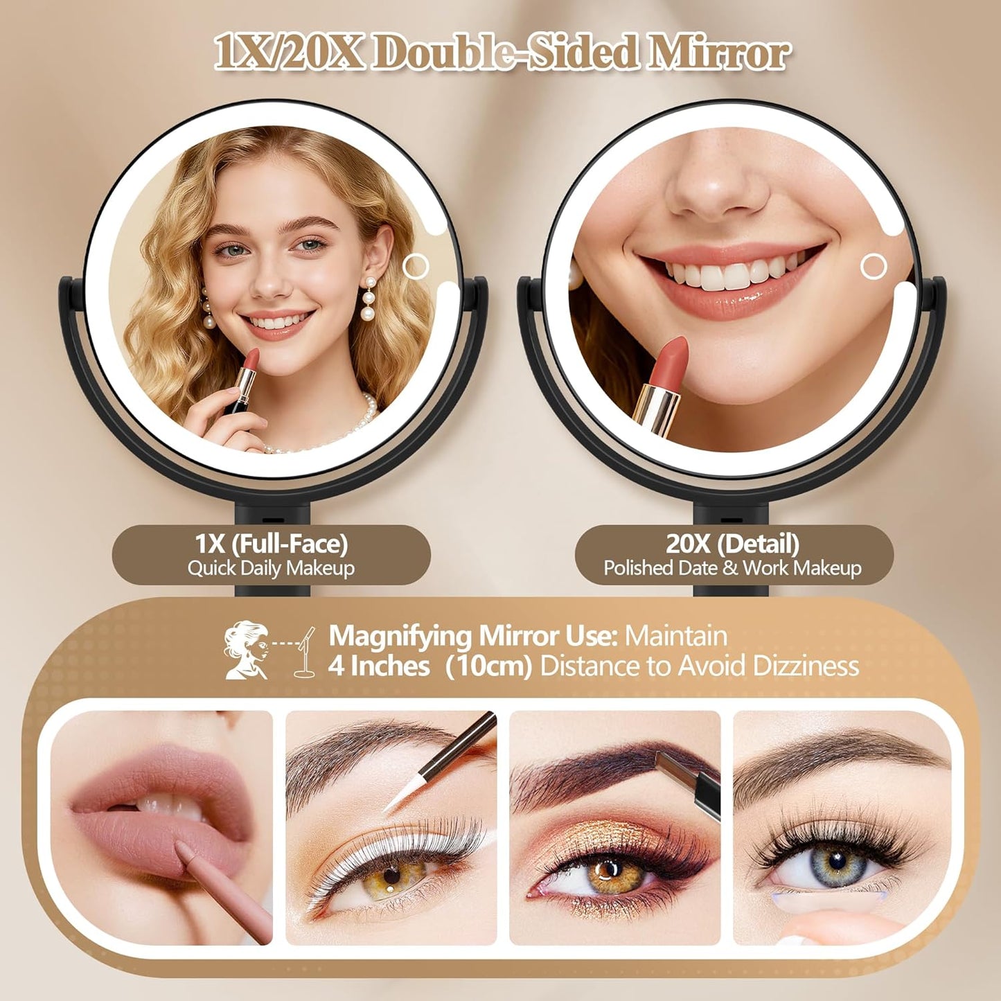 Makeup Mirror with Lights - Double-Sided 1x/20x Magnifying, Rechargeable, 3 Color Options | 360° Rotation, Black