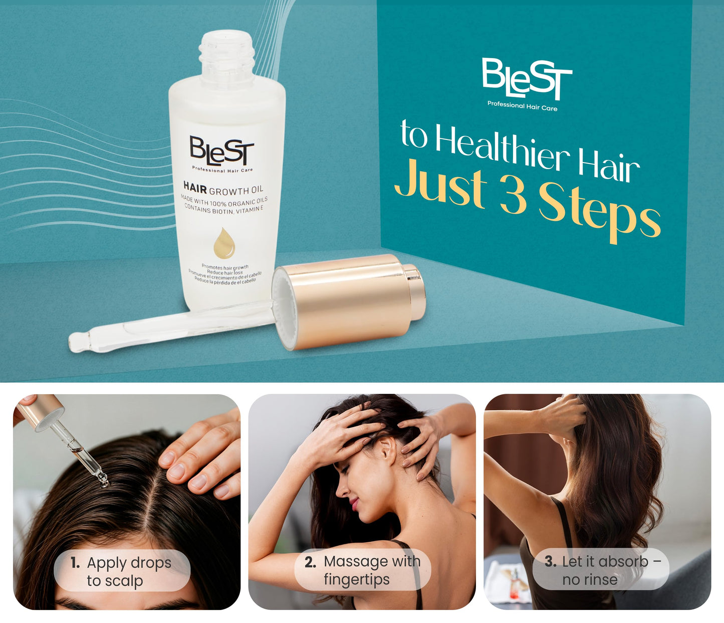 BLEST PROFESSIONAL HAIR CARE Organic Hair Growth Oil with Biotin & Vitamin E – Lightweight Hair Oils for Hair Growth and Strength – Vegan Hair Treatment Oils for Scalp Health and Shine – 30ml