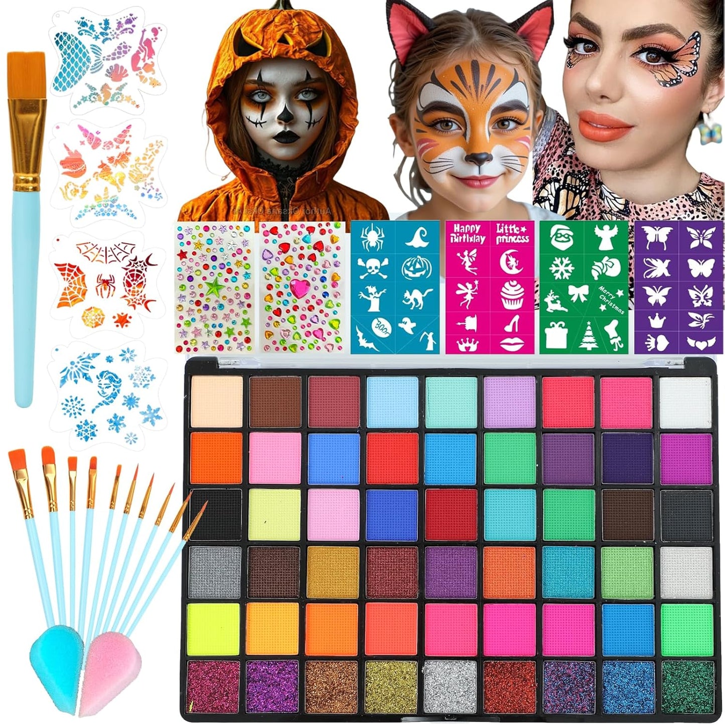 Face Painting Kit for Kids - 42 Color Non-Toxic Water Activated Makeup Set with Brush, Stencil & Sponge | Perfect for Parties & Holidays