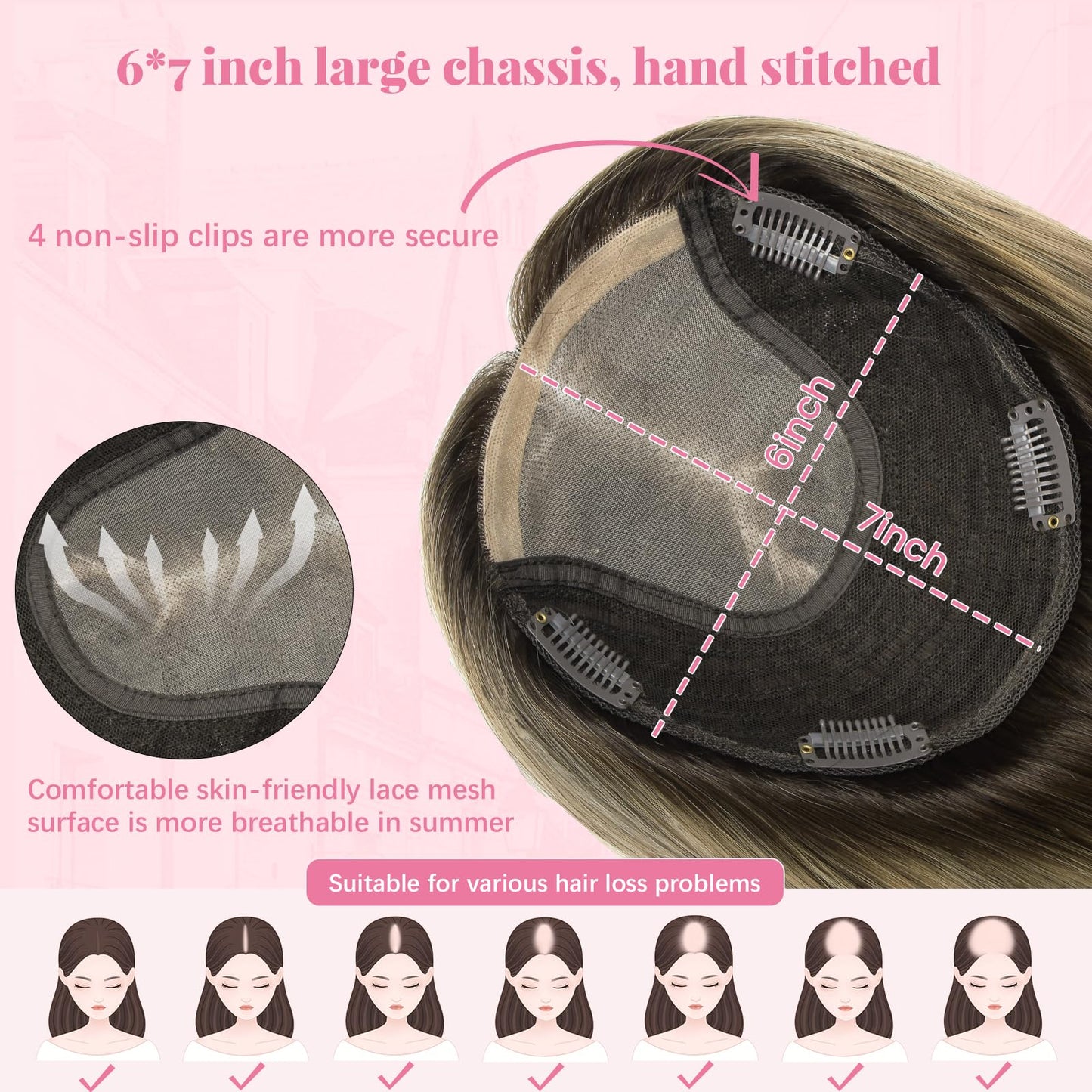 HappyNewHair Hair Toppers for Women Real Human Hair,6x7inch Large Base 360° 3D Human Hair Topper Dark Brown To Chestnut Brown Highlight Ash Blonde 12inch 55g
