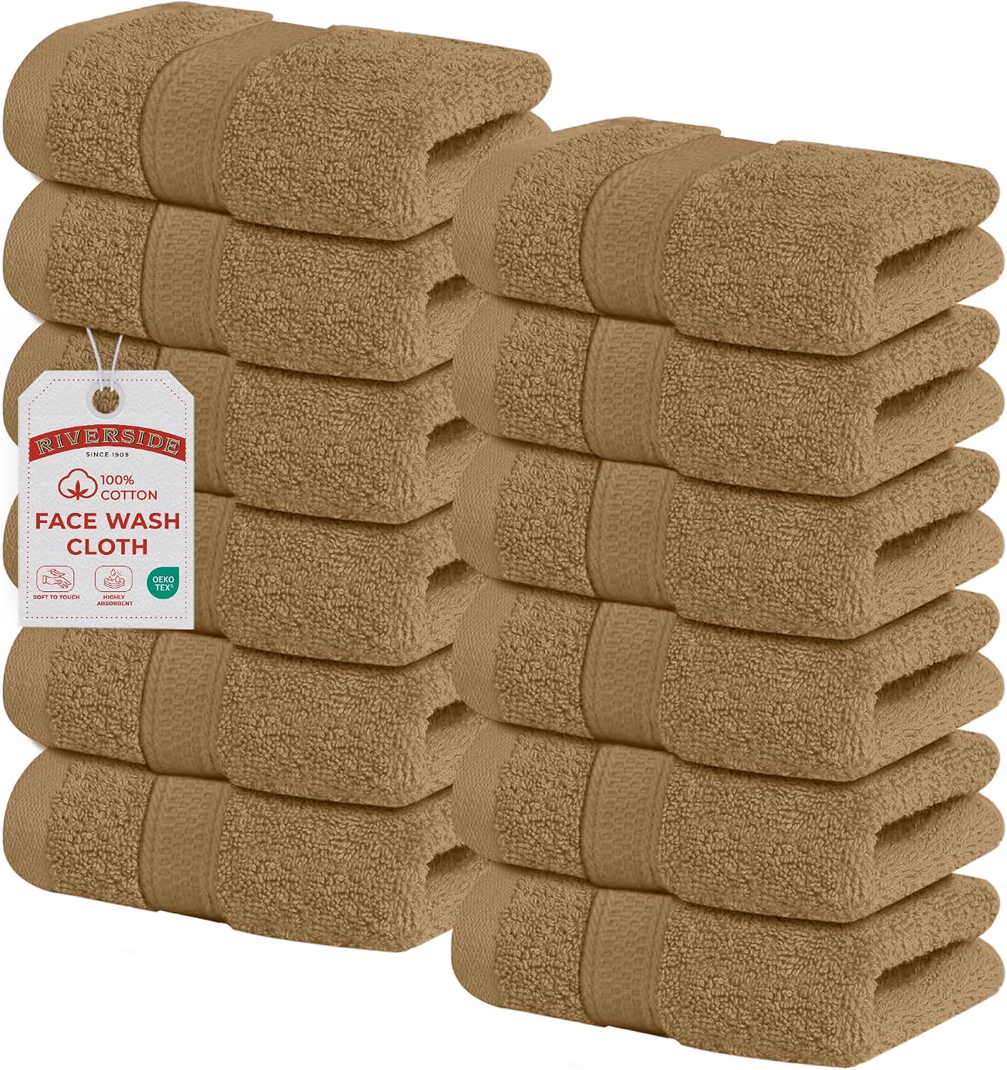 Riverside 12-Pack 100% Cotton Hunter Green Face Towels - Super Soft, Absorbent Washcloths for Bathroom, Spa & Gym | 12x12 Inches