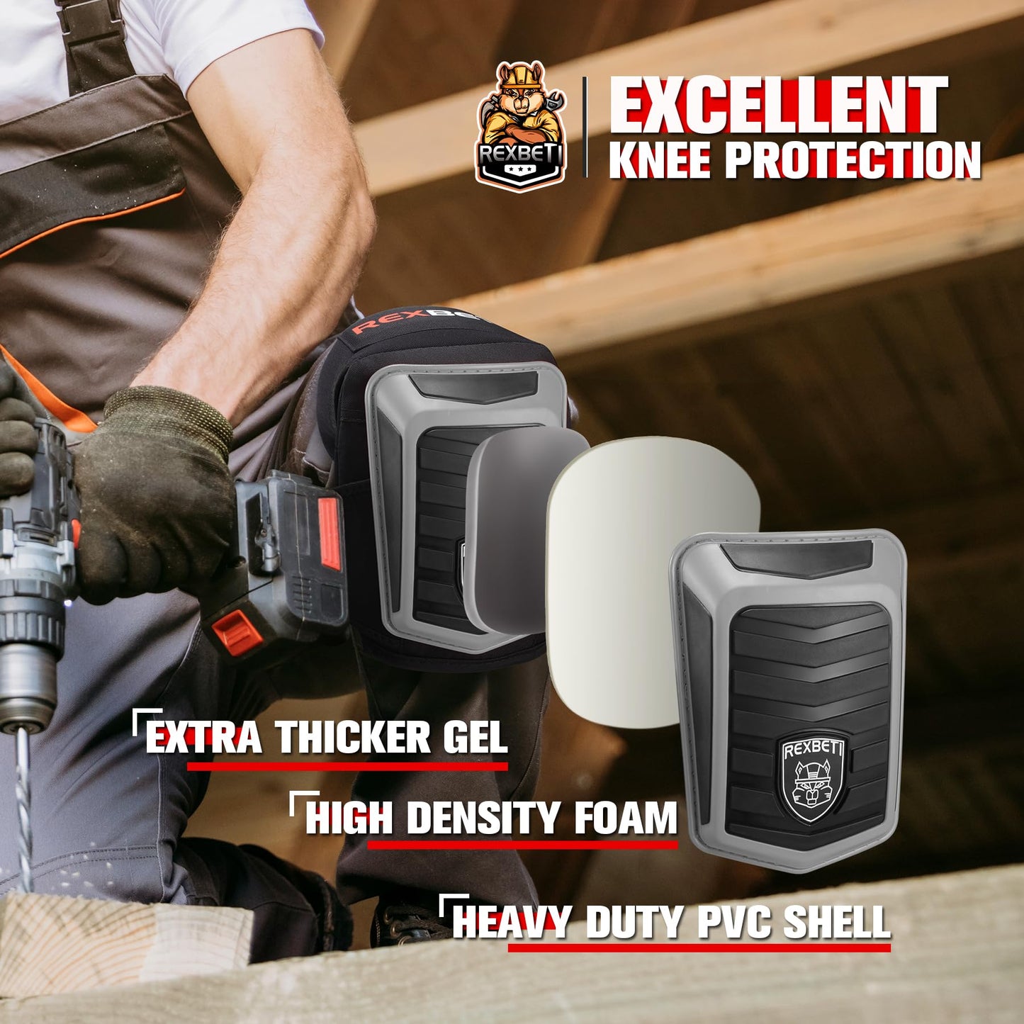 REXBETI New Upgraded Knee Pads for Work, Construction Knee Pads for Men, Heavy Duty Comfortable Anti-Slip Foam Gel Knee Pads for Gardening Flooring and Cleaning, Extra 4 Extension Straps, Gray
