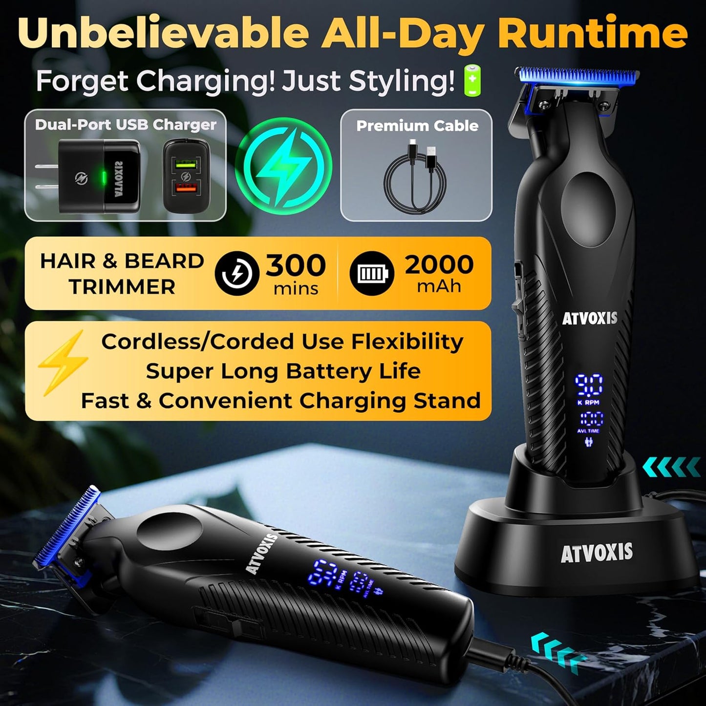 Professional T Blade Trimmer for Men - Zero Gap 9,000 RPM Cordless Hair & Beard Clipper | LED Display, 300 Min Runtime, Travel Pouch