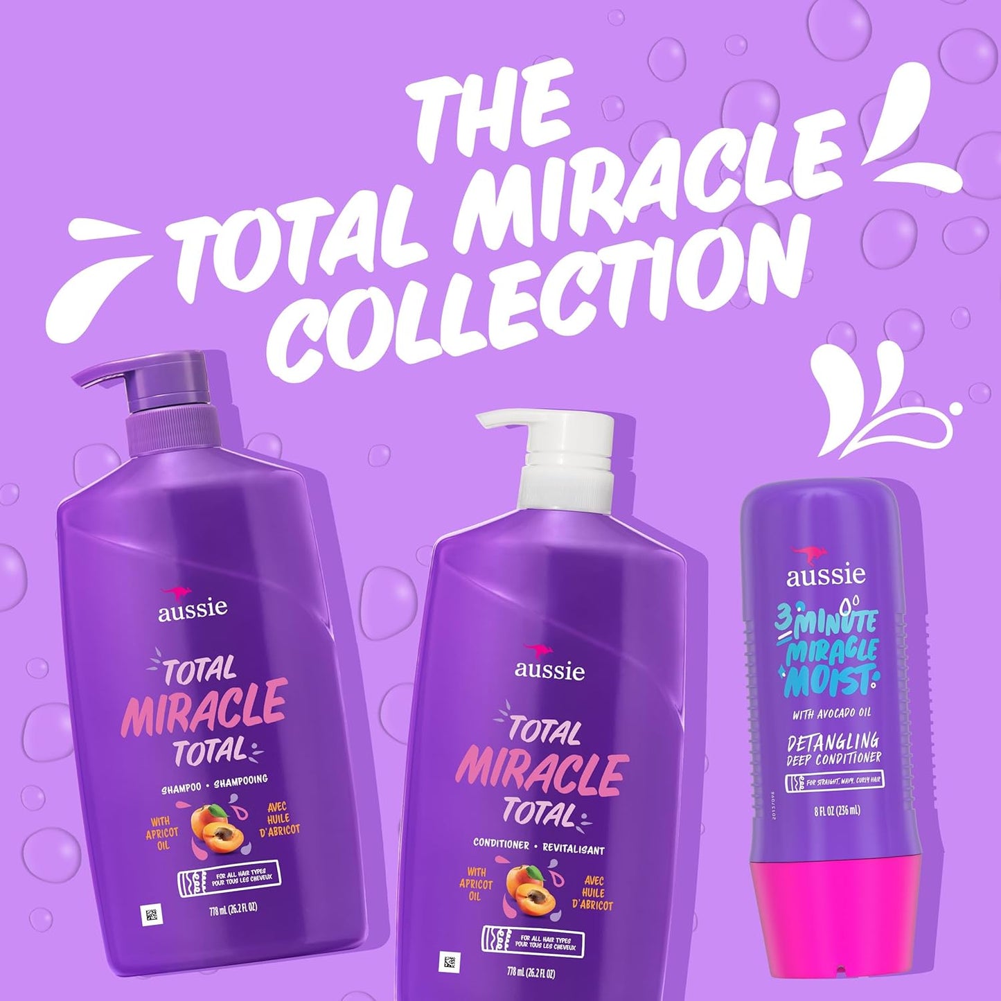 Aussie Total Miracle Hair Care Bundle | Shampoo & Conditioner with Apricot & Macadamia Oil - Paraben-Free, 26.2 & 8 Fl Oz