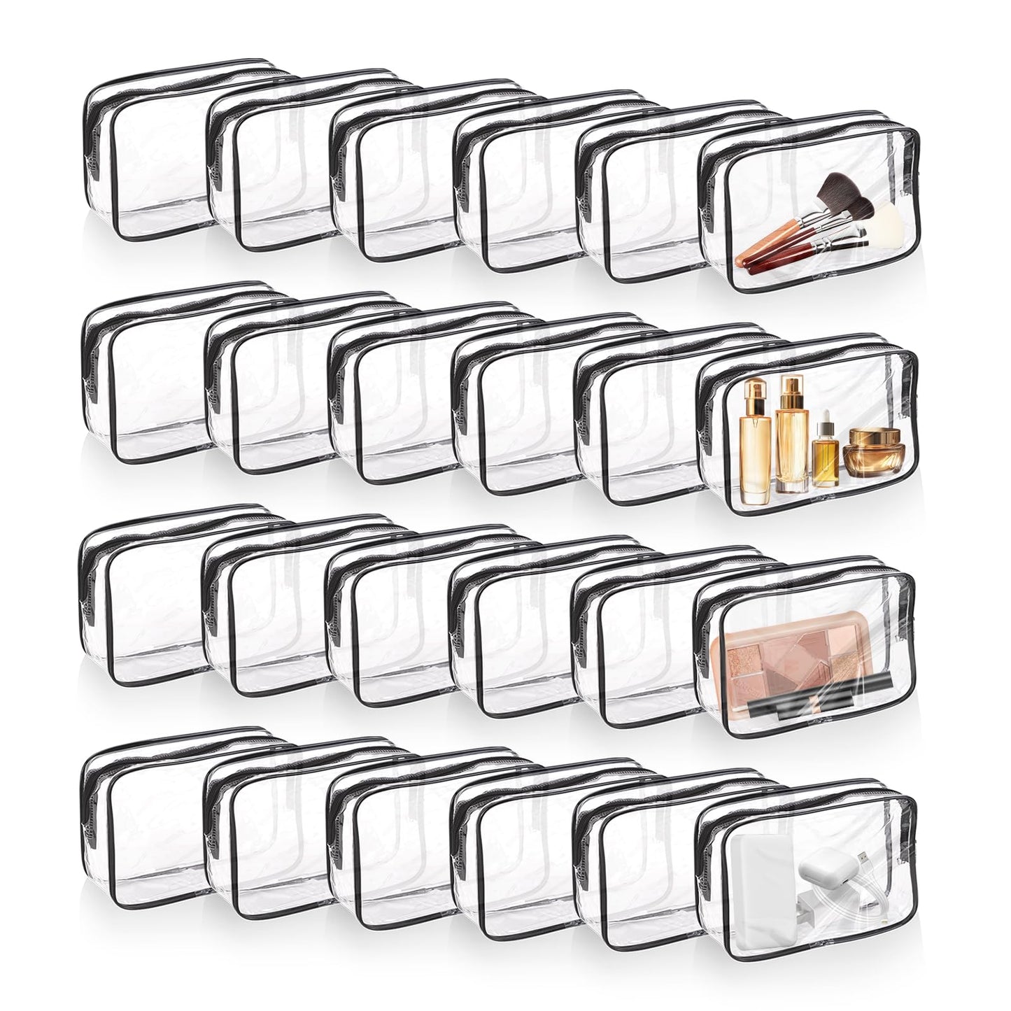 QLFJ-FurDec 24 PCS Clear Makeup Bag with Zipper, Waterproof Transparent Toiletry Bag Organizer, PVC Portable Cosmetic Bags for Women Men Traveling Vacation Bathroom Home (Black)