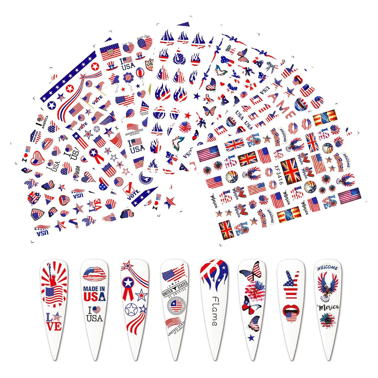 8 Sheet 4th of July Nails Art Stickers American Independence Day Nail Stickers 3D Self-Adhesive Nail Decals Heart Balloon Design American Flag Nails Supplies for Women Manicure