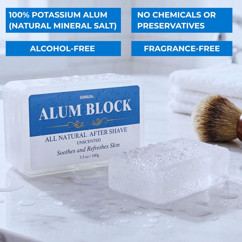 SOMADA Alum Block for Men – 3.5Oz/100g Natural Aftershave Stone, Potassium Alum Post-Shave Treatment, Soothes Razor Burn & Nicks, Astringent Skin Toner, Includes Travel Case. Styptic Natural Deodorant