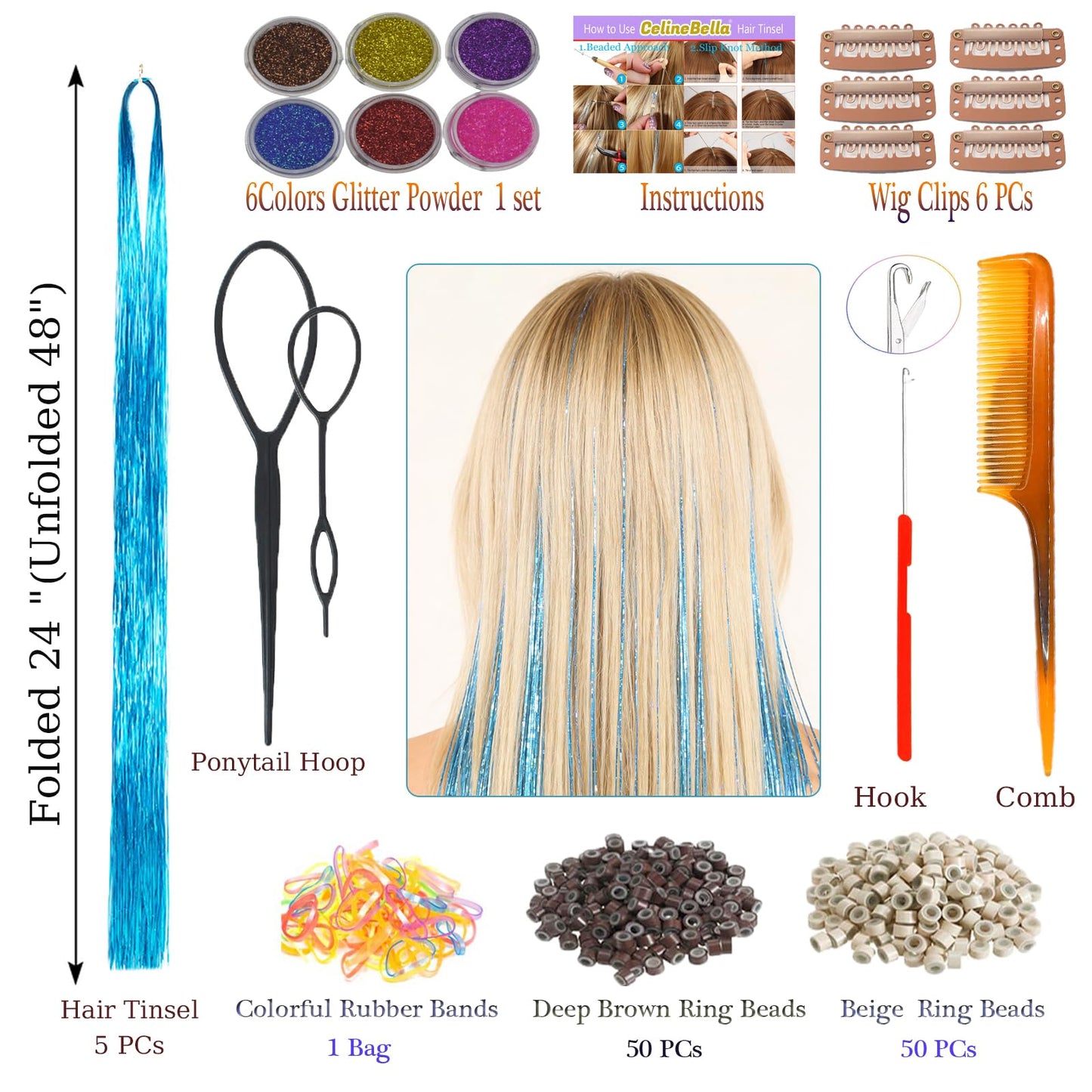 Celinebella Aqua Glow Hair Tinsel, 48" 1250 Strands Cool Blue Shimmer