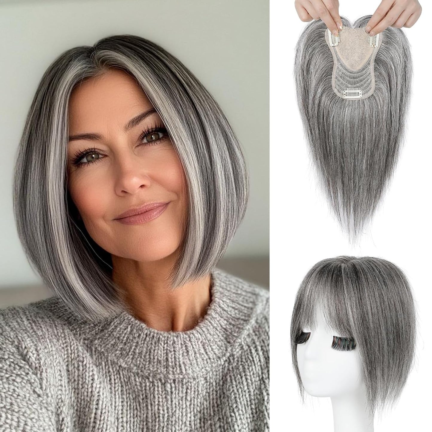 Human Hair Toppers for Women - Real Thick Hair Topper for Instant Volume | Gray Wiglet for Daily Wear