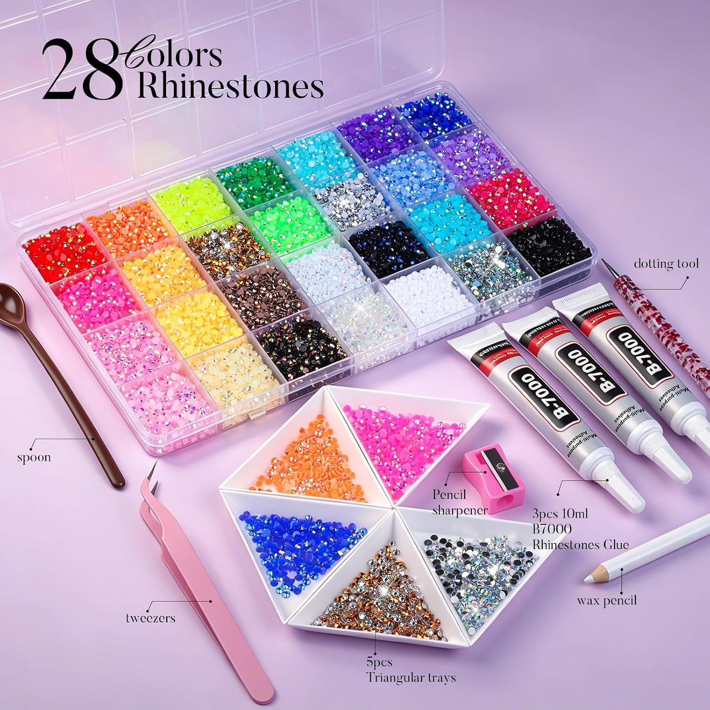 Bedazzling Rhinestones Kit - 28 Colors, 30000Pcs Flatback Gems & Tools for Nail Art | Includes B7000 Glue