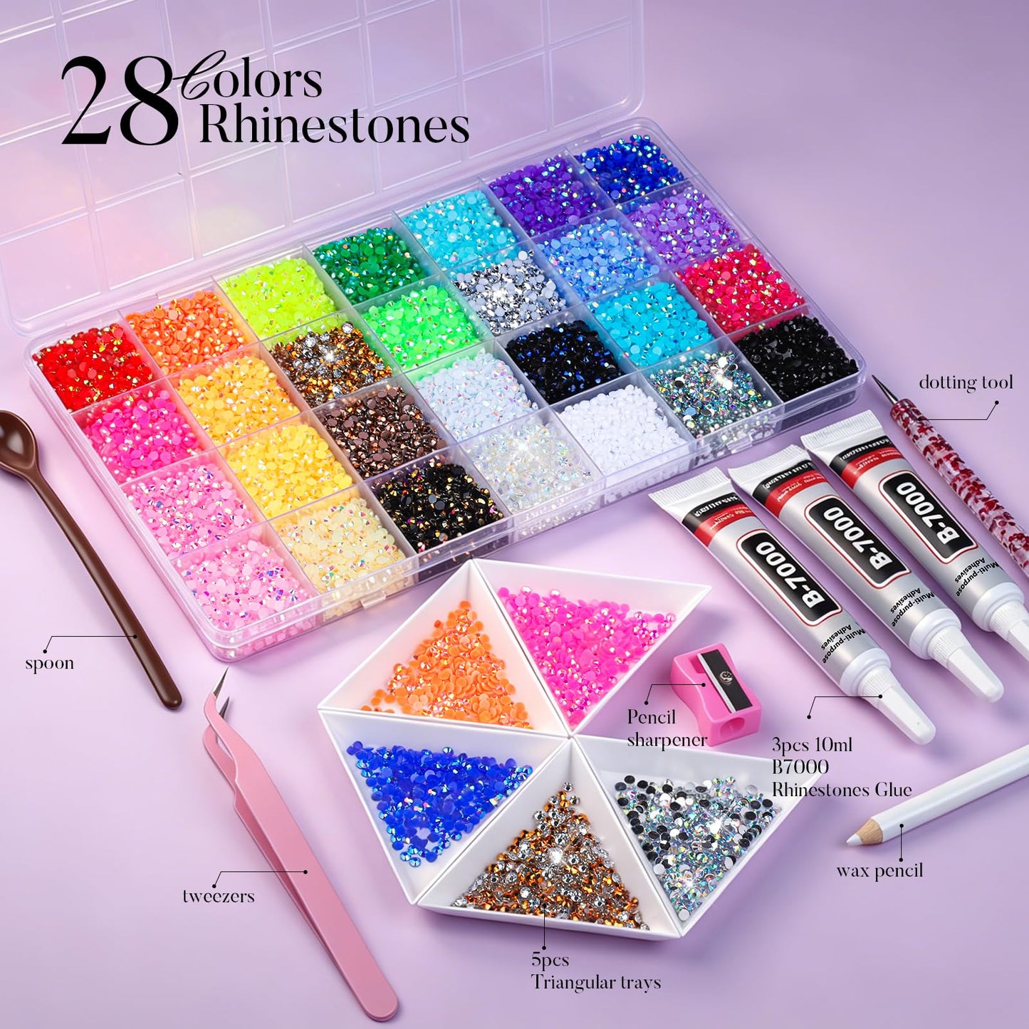 Teenitor Bedazzling Kit 28 Colors Rhinestones Kit, 30000Pcs Flatback Rhinestones for Bedazzling Gems with 3Pcs B7000 Jewelry Glue and Resin Rhinestone Tools for Nail Art Diamond Art Crafts DIY