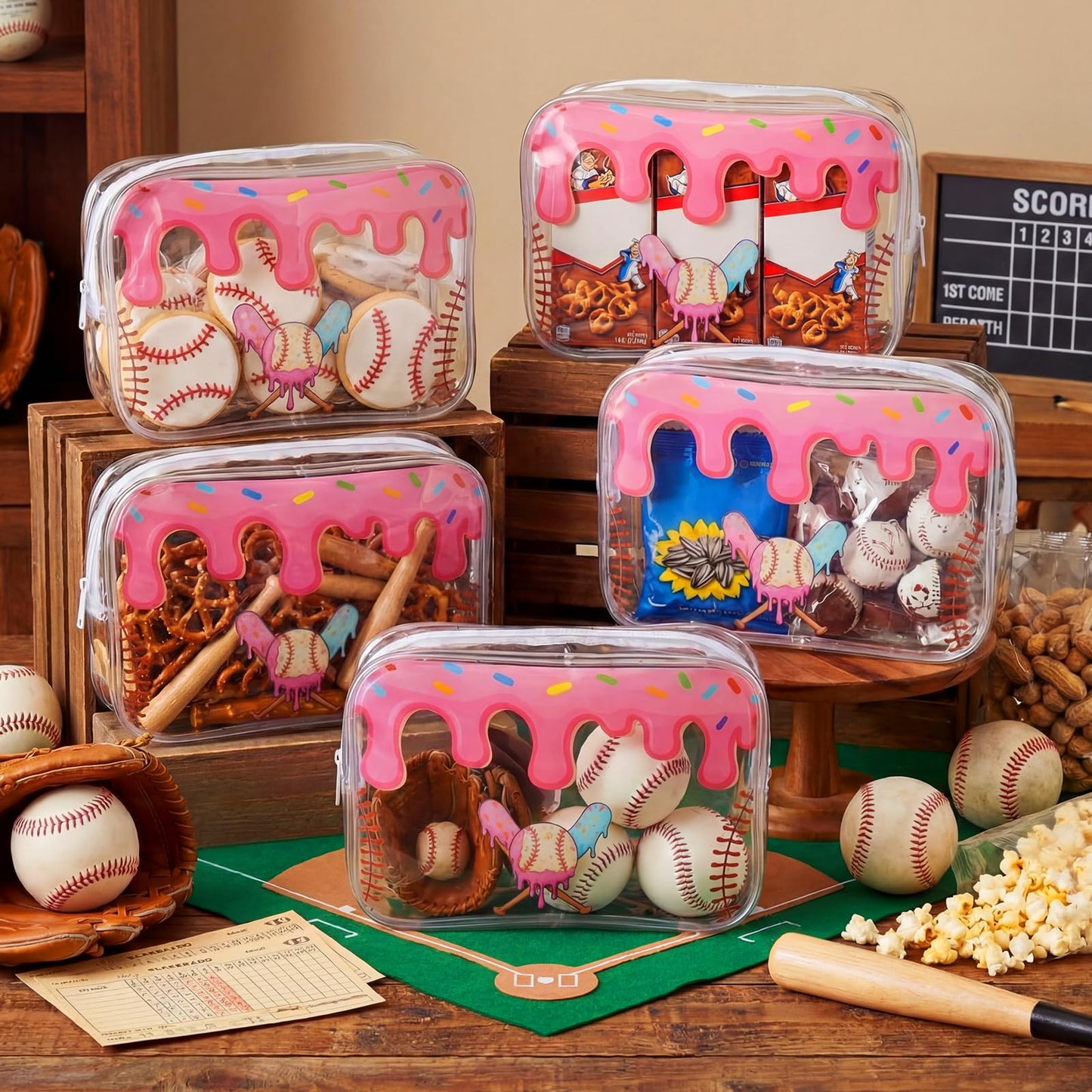 Sunnymove 12 Pcs Ice Cream Drip Baseball Snack Bags for Team Gifts 7 x 4.7 x 2.4'' Goodie Treat Candy Pouch Bags PVC Clear Waterproof with Zipper Party Favors for Travel Birthday Gifts Sport Supplies