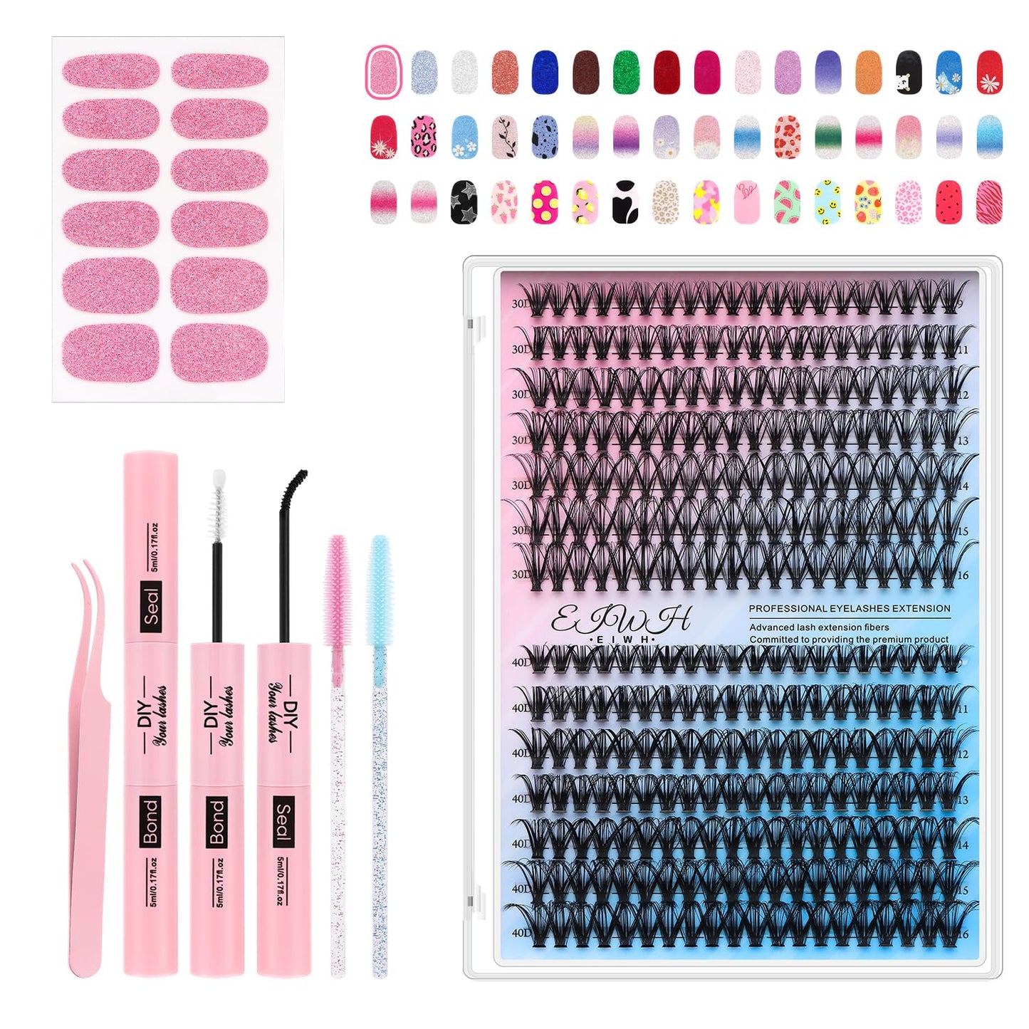 Lash Clusters Kit 280Pcs Individual Cluster Lash Extensions Kit 30D+40D Wispy Eyelash Clusters with Lash Bond and Seal and Tweezers and Nail stickers 8-16mm 2 Styles Mix Lashes Clusters Kit