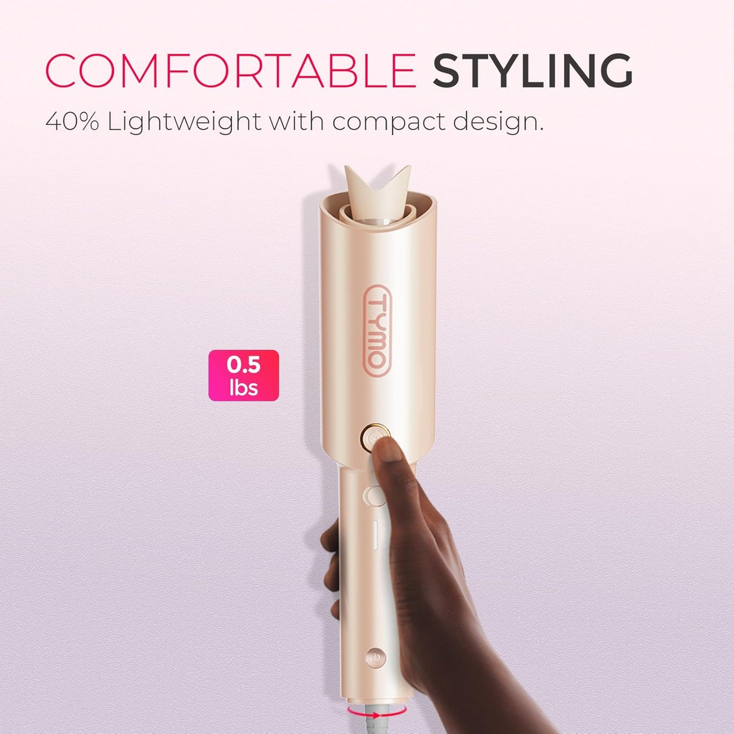 Tymo Automatic Rotating Curling Iron - 1-Inch Beach Waves Curling Wand with Ionic Technology | Lightweight & Dual Voltage for Travel, Ceramic Coating, Peach