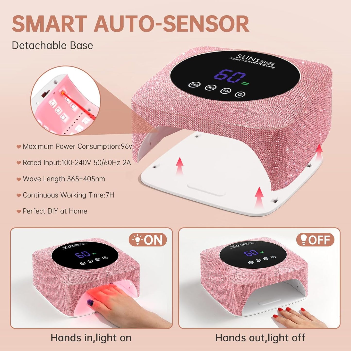Cordless UV LED Nail Lamp - 96W Rechargeable Gel Nail Dryer with 3 Timer Settings | Pink Diamond Design