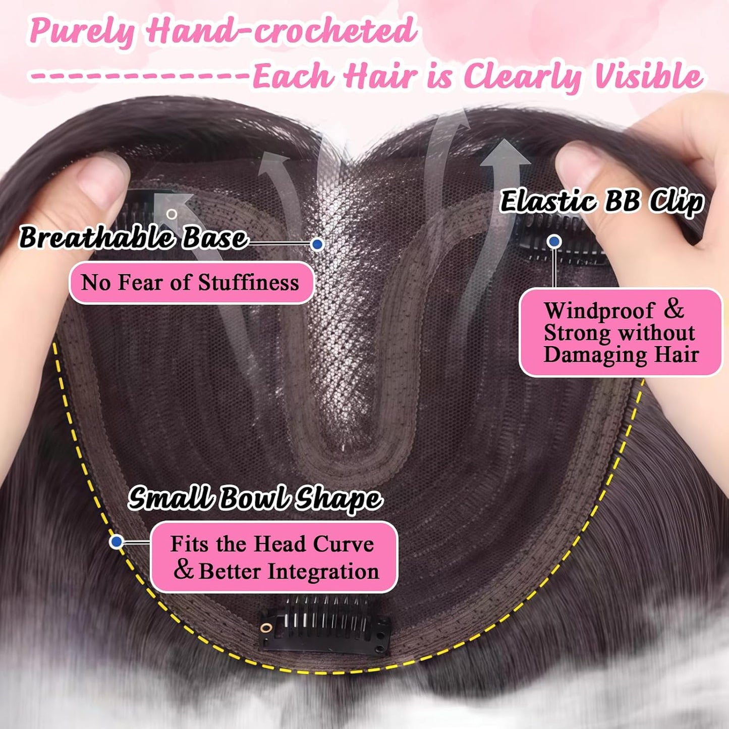 Hair Toppers for Women - 20 Inch Hand-Tied Curly Clip-In Wiglets | Dark Chestnut Brown, Wispy Bangs