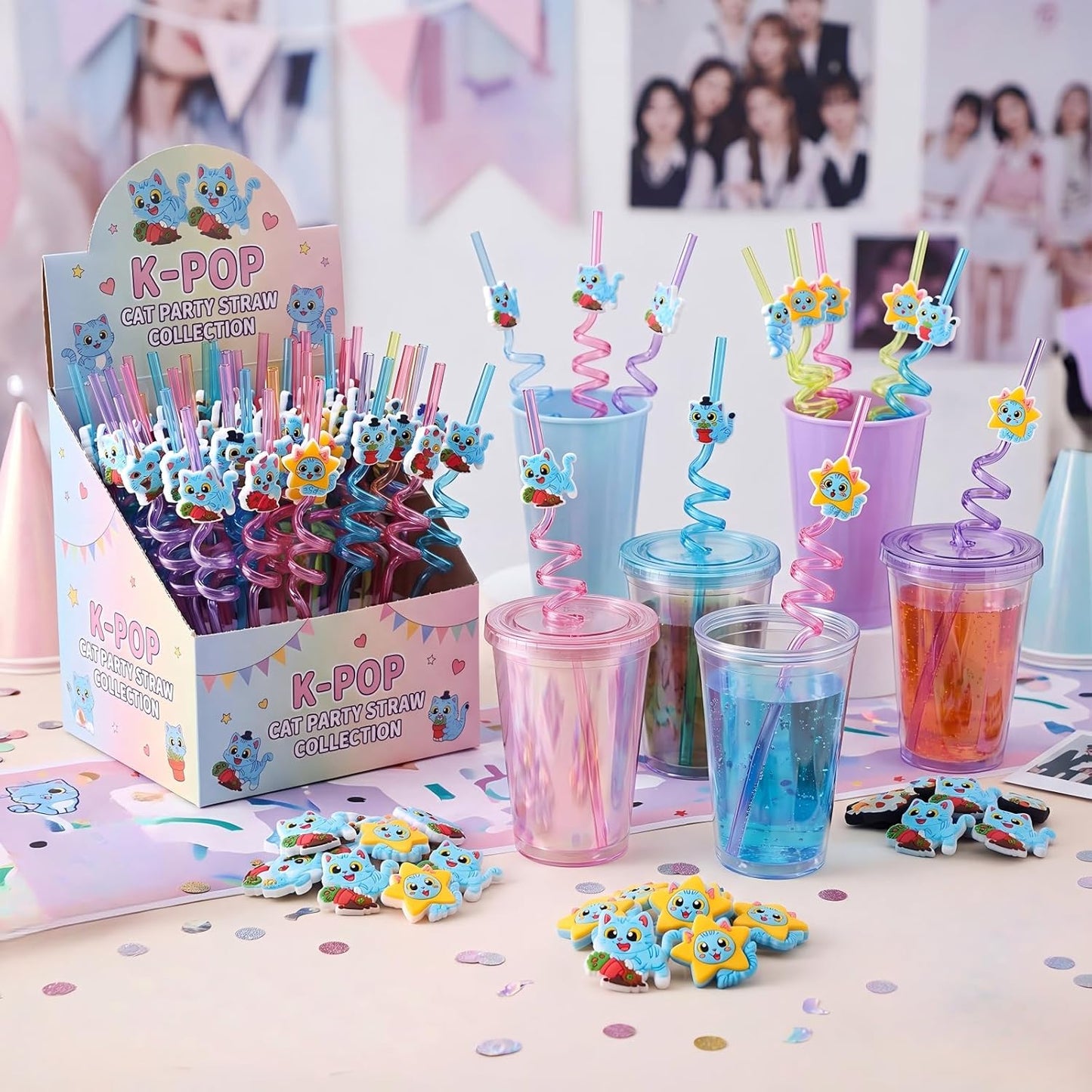 Kpop Party Straws - 24 Pack Blue Cat Toppers for Anime Birthday Parties | Fun Fan Meeting Gifts
