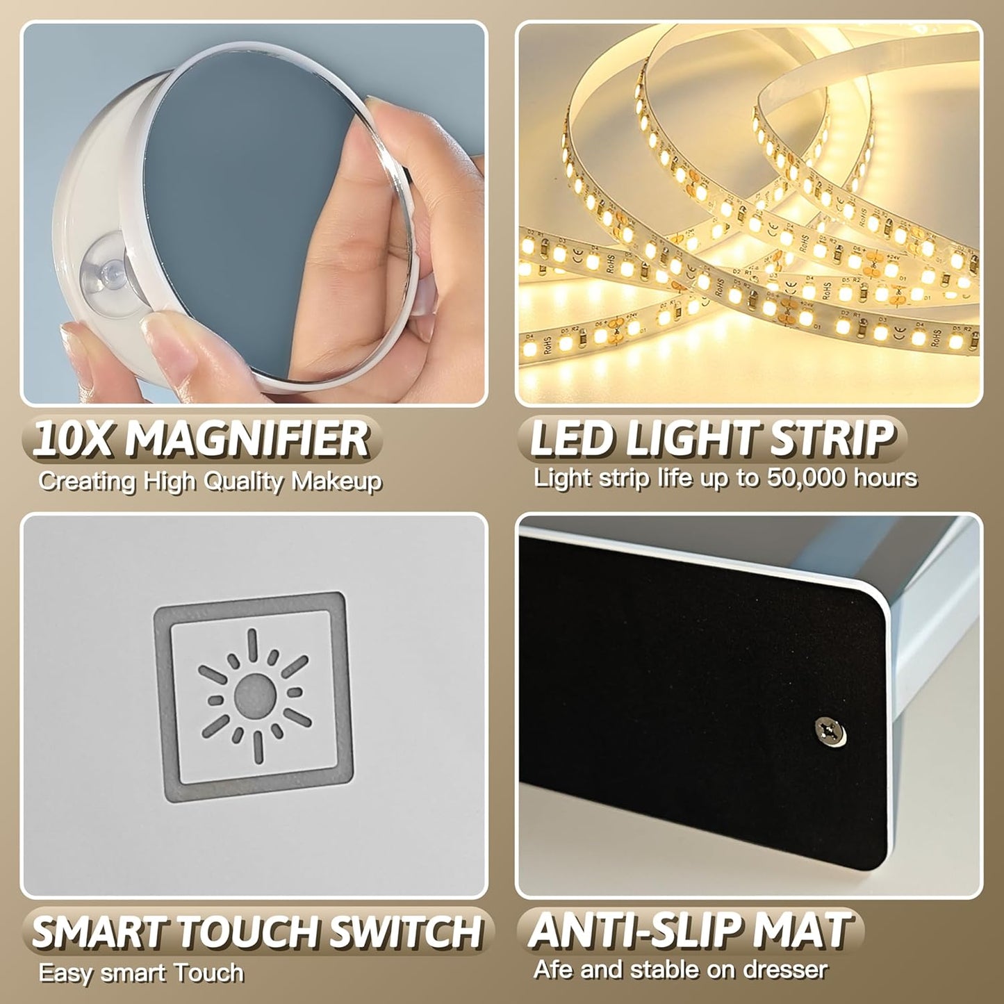 Lighted Makeup Mirror with Smart Touch Control - 12" x 16" LED Vanity Mirror, 3 Color Modes, 10X Magnification, 360° Rotation