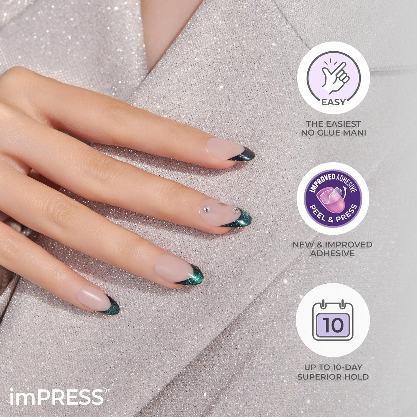 KISS imPRESS Press-On Manicure - Gray V-Cut Stone Fake Nails | Medium Ballerina/Coffin Shape, Easy Application, 30 Count