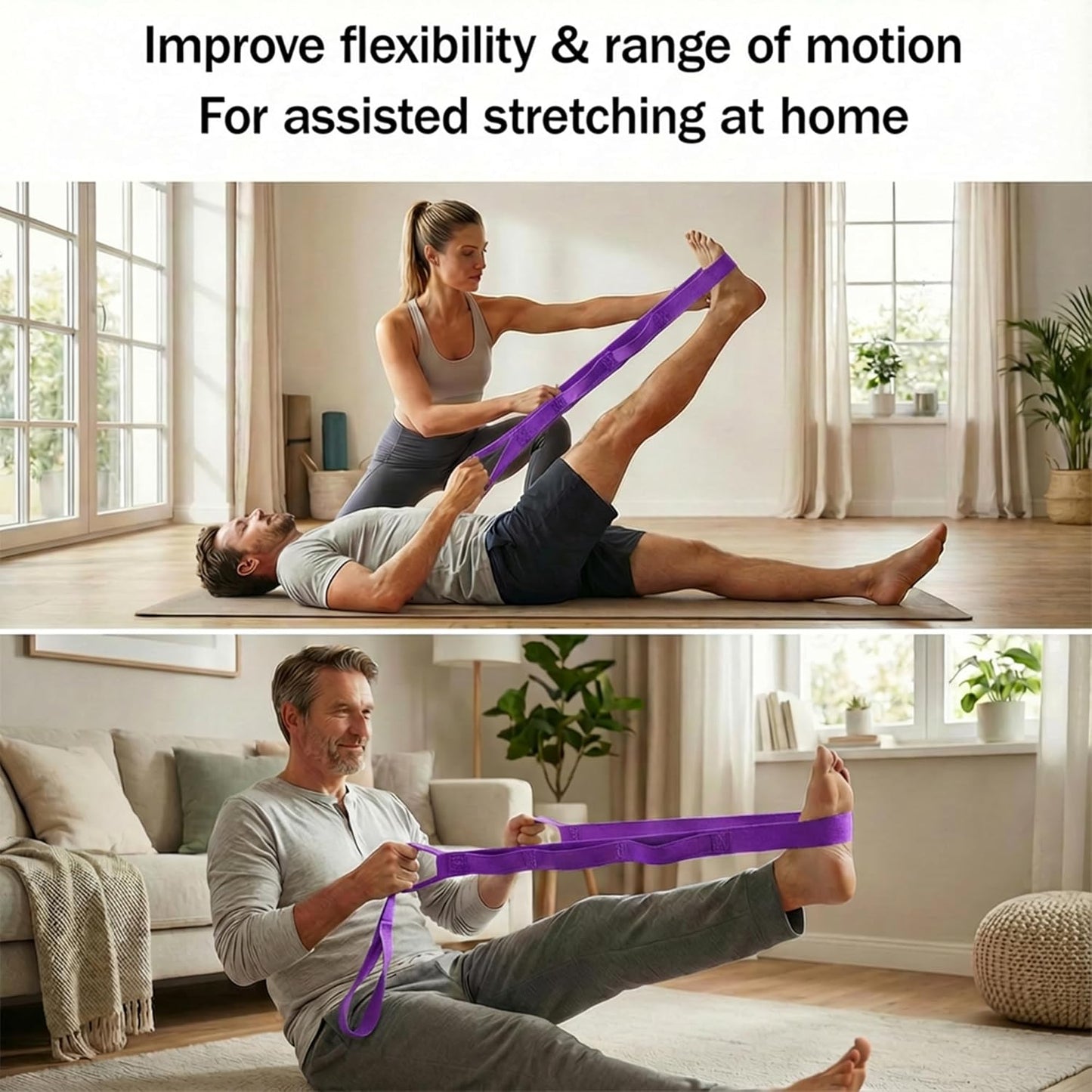 Yoga Stretch Strap - Non-Elastic Stretch Band with 10 Loops for Flexibility Training | Ideal for Home Workouts and Pilates