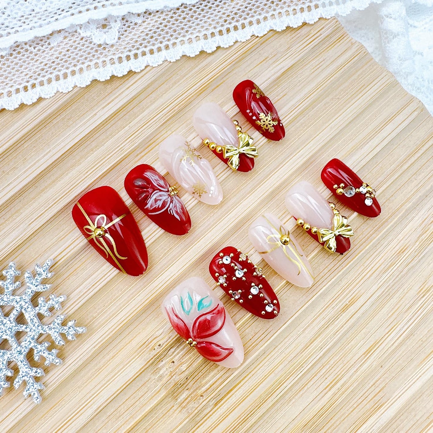 30Pcs Christmas Press-On Nails | Medium Almond Shape with 3D Bow & Gold Snowflake Designs